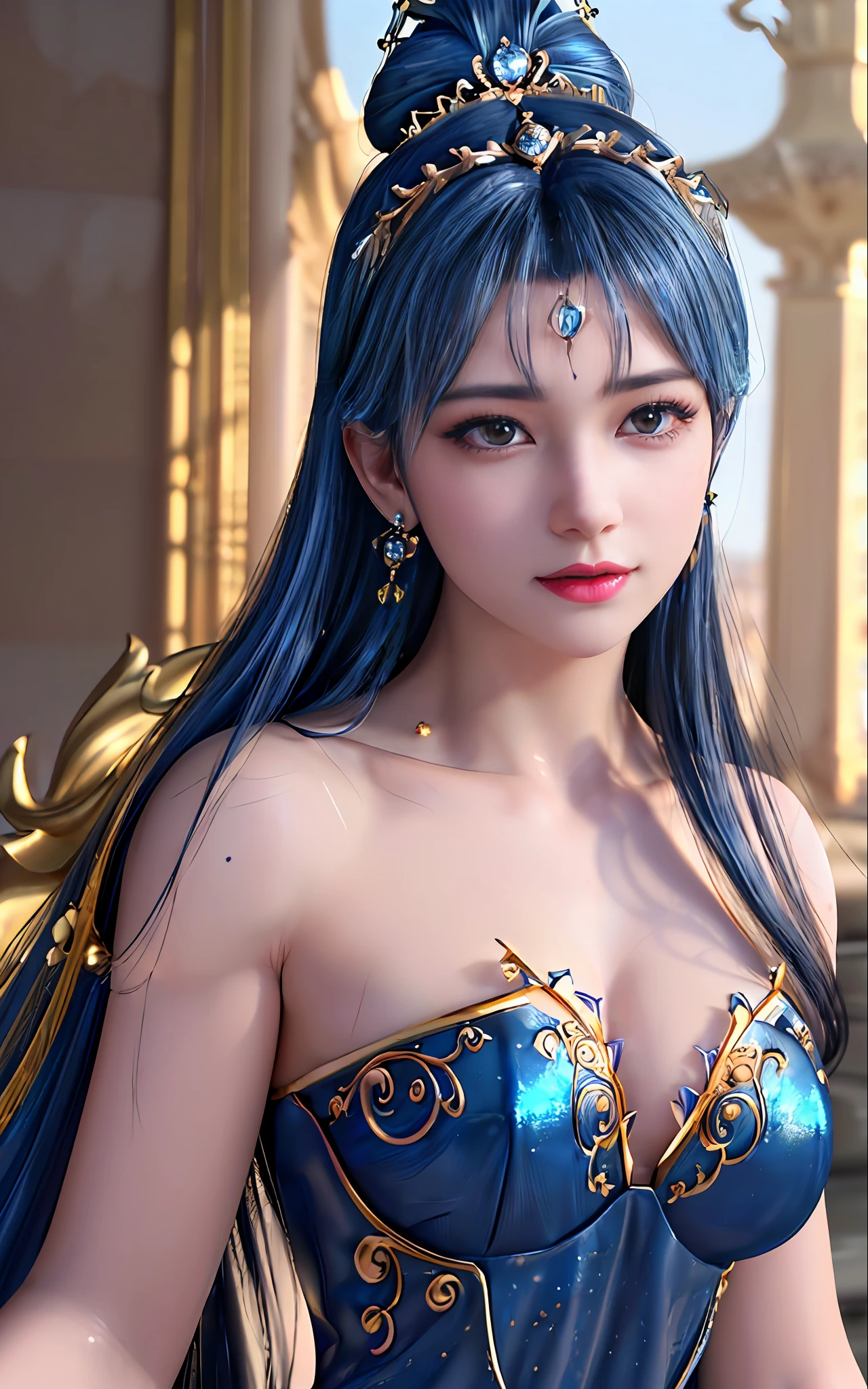 ((realisticity: 1.2)), ((best resolution: 8K UHD)), best quality,masterpiece,highres,cg, ((1 super detailed and super realistic girl)), ((very beautiful queen dazzling, super realistic, and super detailed)),((white skin, beautiful, smooth, youthful, super realistic and super detailed )), long hair, ((super realistic and super detailed dress)), solo, ((super realistic, super beautiful, gorgeous and super detailed jewelry)), ((super beautiful, super realistic and super detailed dark blue and golden yellow dress)), ((super beautiful, super realistic, super detailed diamond filled earrings)), ((super beautiful, super realistic and super detailed diamond filled hair ornament)), ((super beautiful upper body, super beautiful, super realistic and super detailed)), ((big breasts: 2.5)), ((super grand, super realistic and super detailed royal palace backgroun)) ((super beautiful, super beautiful, super realistic and super detailed hair bun)), ((super beautiful, super realistic and super detailed blue hair)), candid, Photograph, high resolution, 8k,Bokeh,