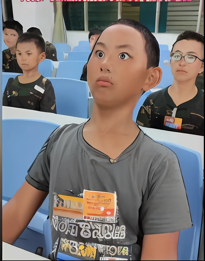 Boys in the classroom，The background is a group of boys, 1 7 -  - old  thin face, yanjun cheng, boy thin face, Student, he has an elongated head shape, looking straight forward, future coder man looking on, Very surprised, boy with neutral face, chinese artist, Straight neck, extremely long forehead, Looking directly at