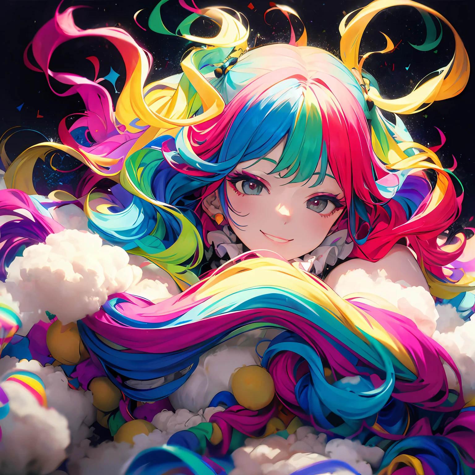lying,clown,smile,(wavy multicolor hair:1.2),(smokeanywhere:1.4)