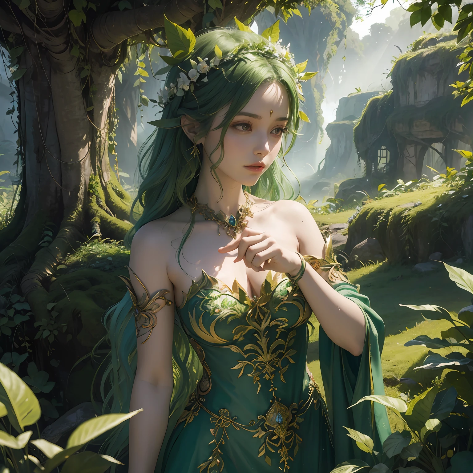 masterpiece captivating portrayal of a D&D dryad, a mystical being composed entirely of lush vegetation, brought to life by the visionary artist, Sylvan Frostleaf. (Verdant:1.2) form adorned with vibrant leaves and blossoms, (graceful:1.1) movements echoing the dance of nature, (transcendent:1.1) aura radiating a serene energy, (piercing:1.1) eyes reflecting ancient wisdom, (whispering:1.1) foliage entwined in her hair, (harmonious:1.1) connection with the surrounding flora, (unveiling:1.1) the profound bond between the dryad and the natural world, (capturing:1.1) the essence of her botanical beauty, (immortalizing:1.1) the enchantment of the vegetation-made dryad.