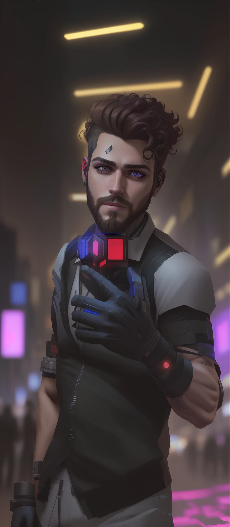 Background change cyberpunk handsome boy, realistic face,8k, beard, curly hair