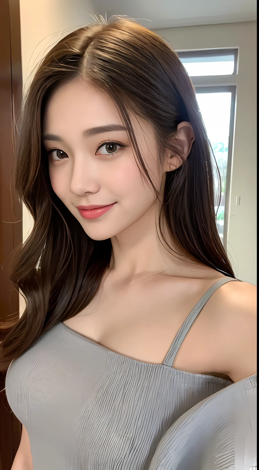 ((Best Quality, 8K, Masterpiece: 1.3)), 1girl, Slim Abs Beauty: 1.3, (Casual hairstyle, Big Breasts: 1.2), Dress: 1.1, Super fine face, Detailed eyes, Double eyelids, smile, Home, Focus