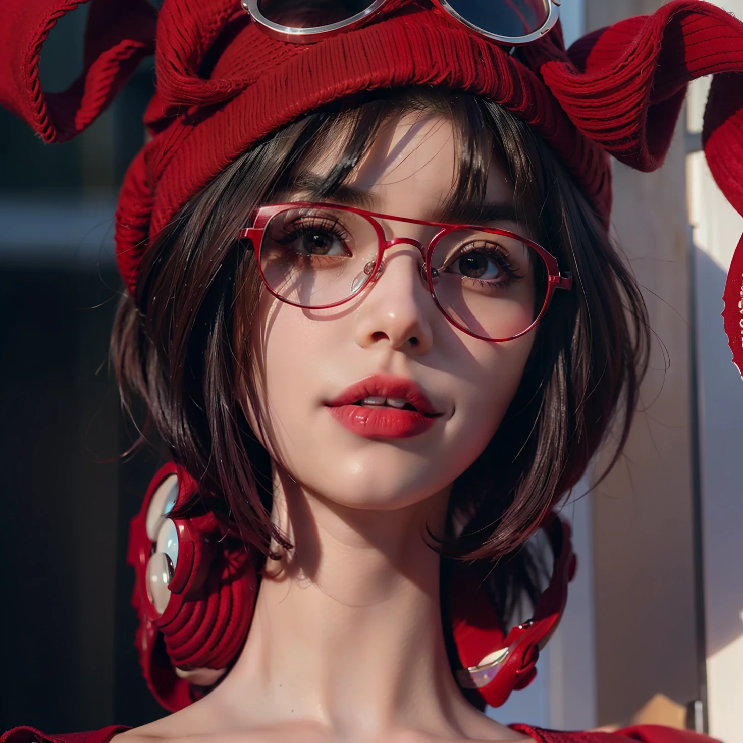 girl eye glasses,purple short hair detailed,red lens eye glasses,red cockscomp
