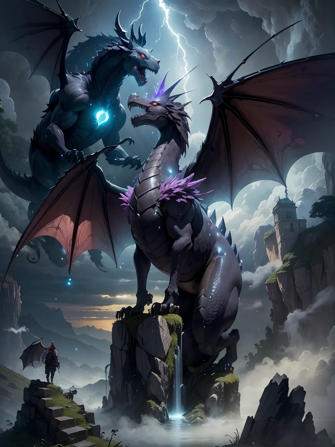 black dragon, voador, Lightning game, noite, Montanha Grande,fotografia de paisagem expansiva, (a view from below that shows the sky above and the open field below), uma garota parada em um campo de flores olhando para cima, (pegue a chave: 1.2), (estrelas cadentes: 0.9), (nebulosa: 1.3), montanha distante , BREAK tree production art, (fonte de luz quente: 1.2), (PiriLampiãoo: 1.2), lamplight, muito roxo e laranja, detalhes complexos, volumetric lighting BREAK (obra-prima: 1.2), (melhor qualidade), 4k, ultradetalhado , (dynamic compositing: 1.4), detalhes coloridos altamente detalhados (cores iridescentes: 1.2), (bright illumination, Atmospheric Illumination), sonhador, magia, (sozinho: 1.2)