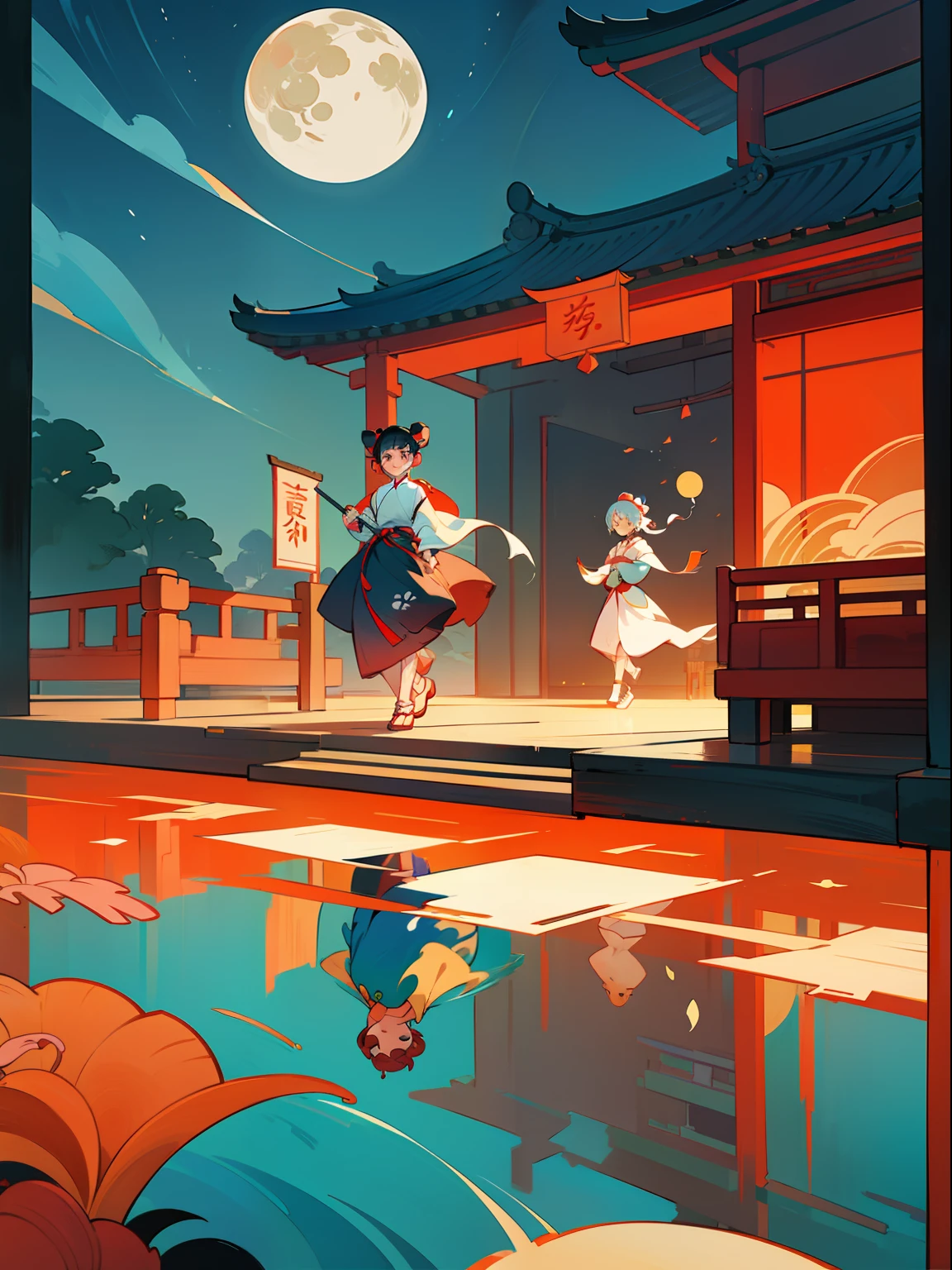 Minimalist illustrations of Chinese ladies, classical, Chinese Zen, Heian era,minimalism, chinese animation, Tang dynasty, Noma Bar and Postminimalism,landscape painting, red and classical blue gradient, a night scene with three people walk through a chinese porch, in the style of eiko ojala, water reflection ,moon,zen-like tranquility