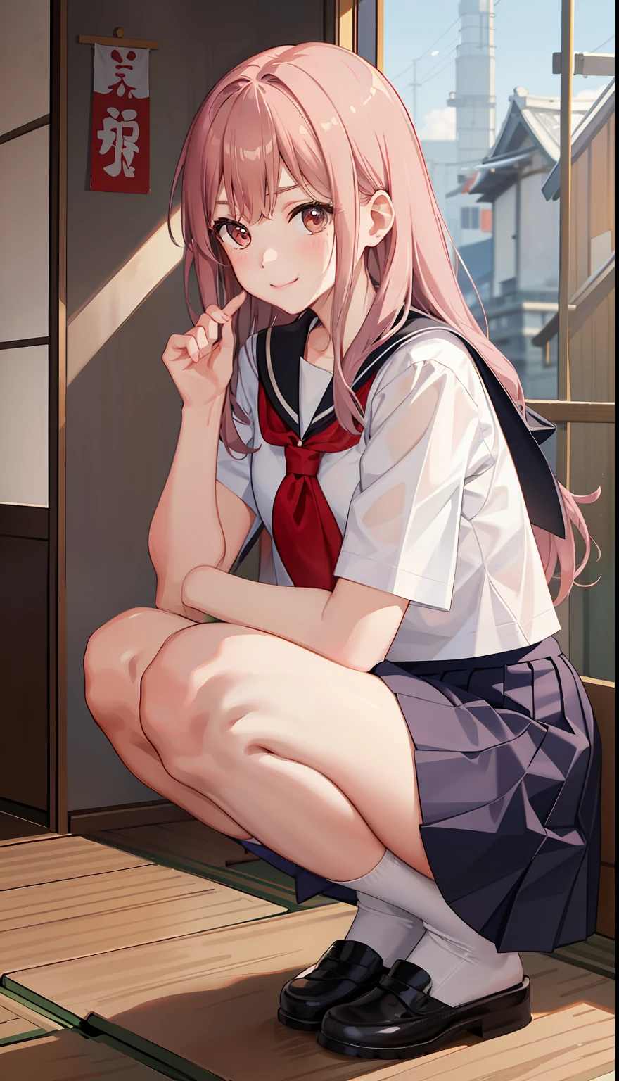 1girl in、A smile、The shirt、skirt by the、(small tits)Chilarism、Japan High School Student Uniform、serafuku、summer clothing、Squall Drenched Uniform、(Sheer Bra)、Upper body portrait、light cream hair、Squatting panchira、