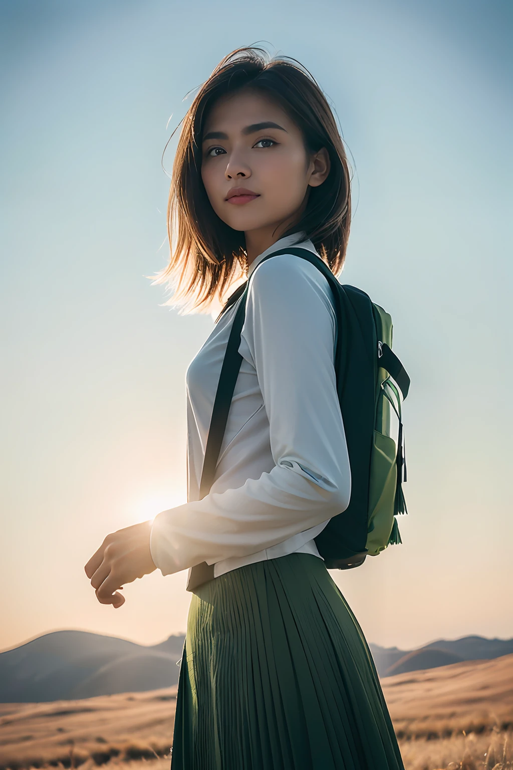 (Extreme Detail CG Unity 8K wallpaper, masterpiece, highest quality), (Exquisite lighting and shadow, highly dramatic picture, Cinematic lens effect), A photo of a woman wearing a green fringed skirt, carrying a solar backpack, with a wind turbine in the background,(excellent detail, excellent lighting), (bokeh, f/1.8, 135mm, Hasselblad),