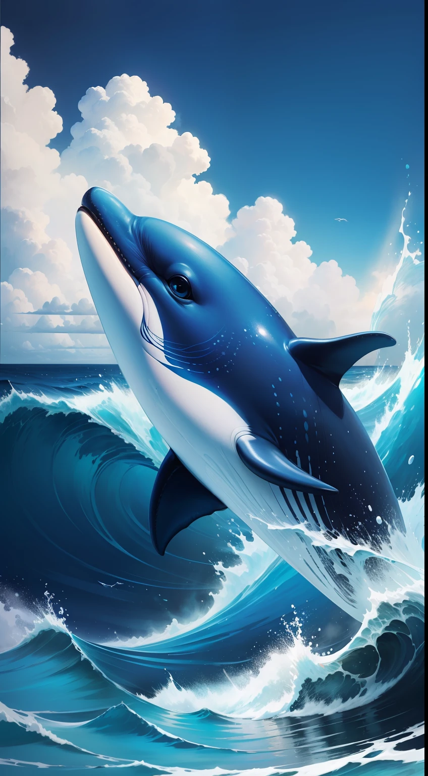 blue colors，Ocean waves，Cartoon whales，OilPaintStyle
