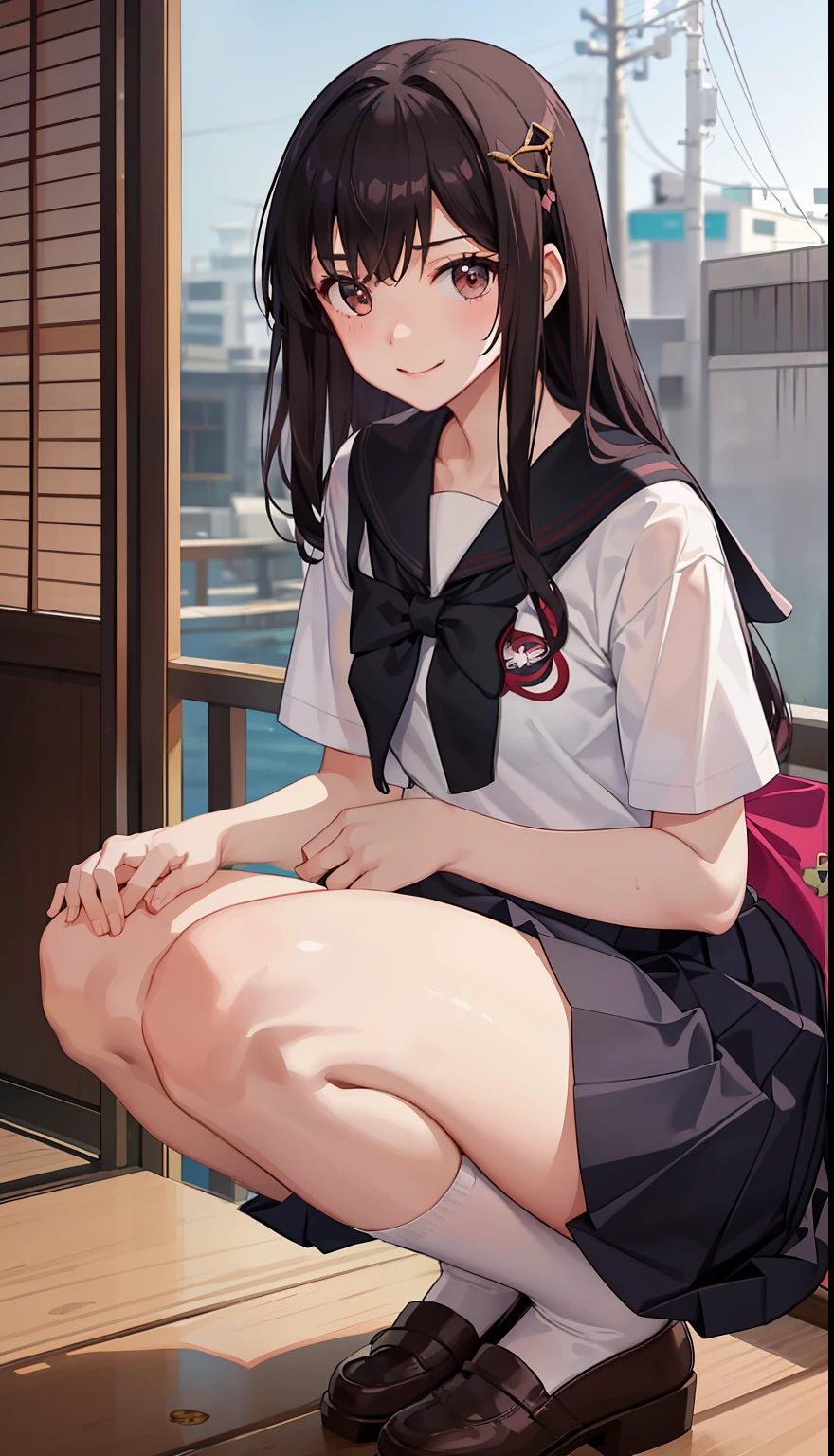 1girl in、A smile、The shirt、skirt by the、(small tits)Chilarism、Japan High School Student Uniform、serafuku、summer clothing、Squall Drenched Uniform、(Sheer Bra)、Upper body portrait、light cream hair、Squatting panchira、