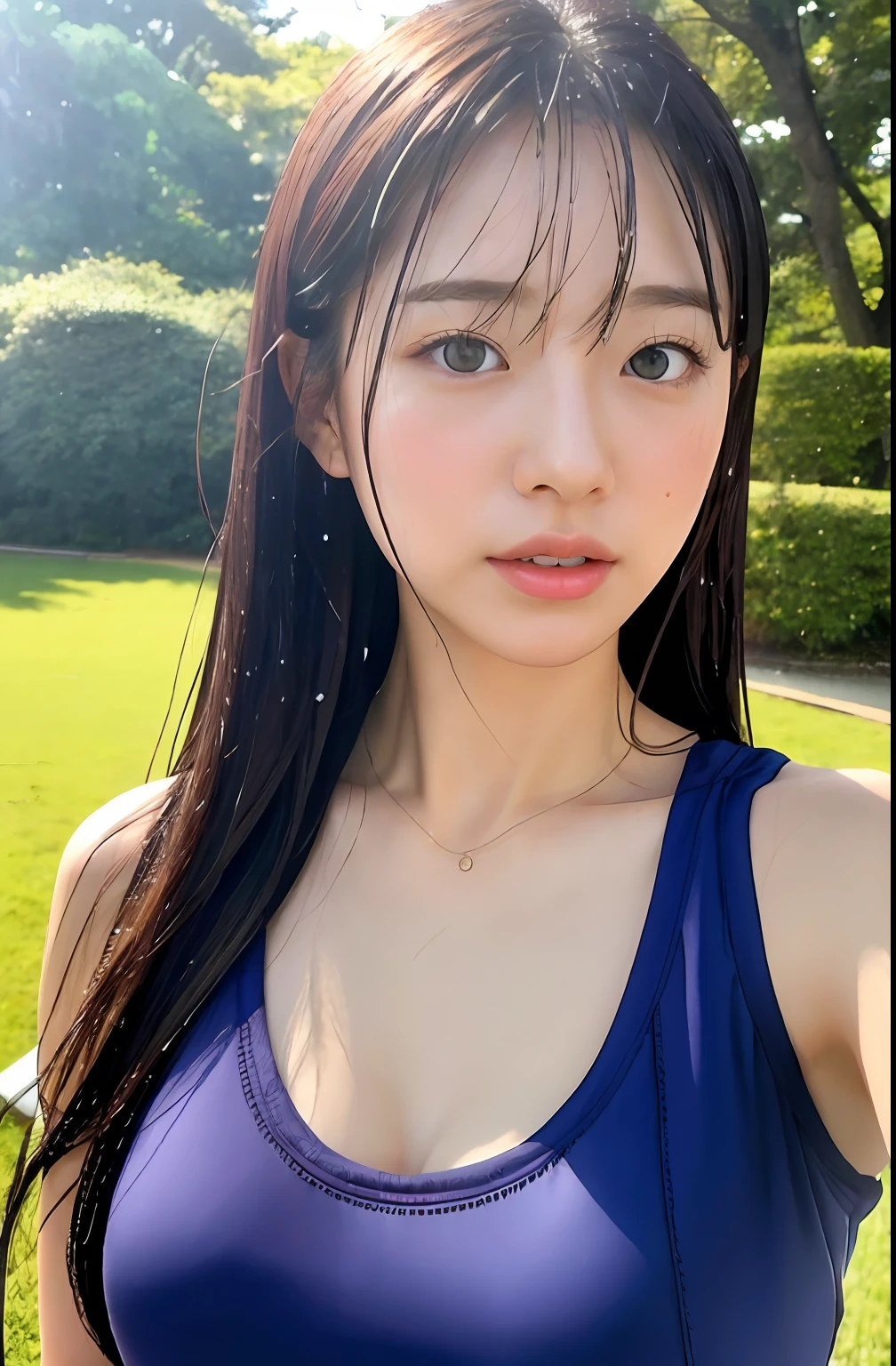 Close up portrait of woman walking in park in gym clothes、Japan Person Model、Young Sensual Gravure Idol、Young cute gravure idol、Realistic Young Gravure Idol、Realistic sensual gravure idol、Young gravure idols、sophisticated gravure idol、奈良美智、Young skinny gravure idol、beautifull asian girl ever、oppai、I got wet in the rain、The whole body is soaking wet、