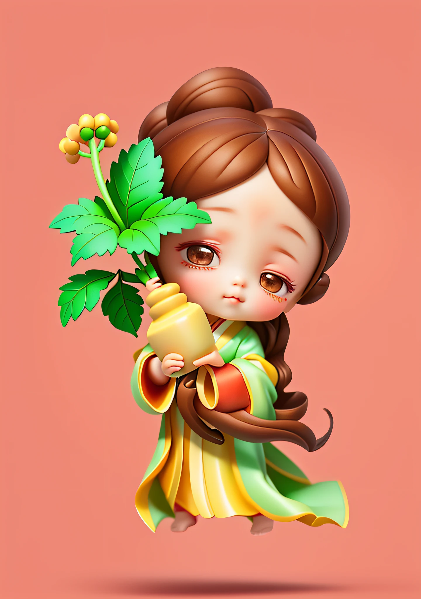 a little lovely ??? girl，Brown hair long，Wearing Hanfu，Take ginseng