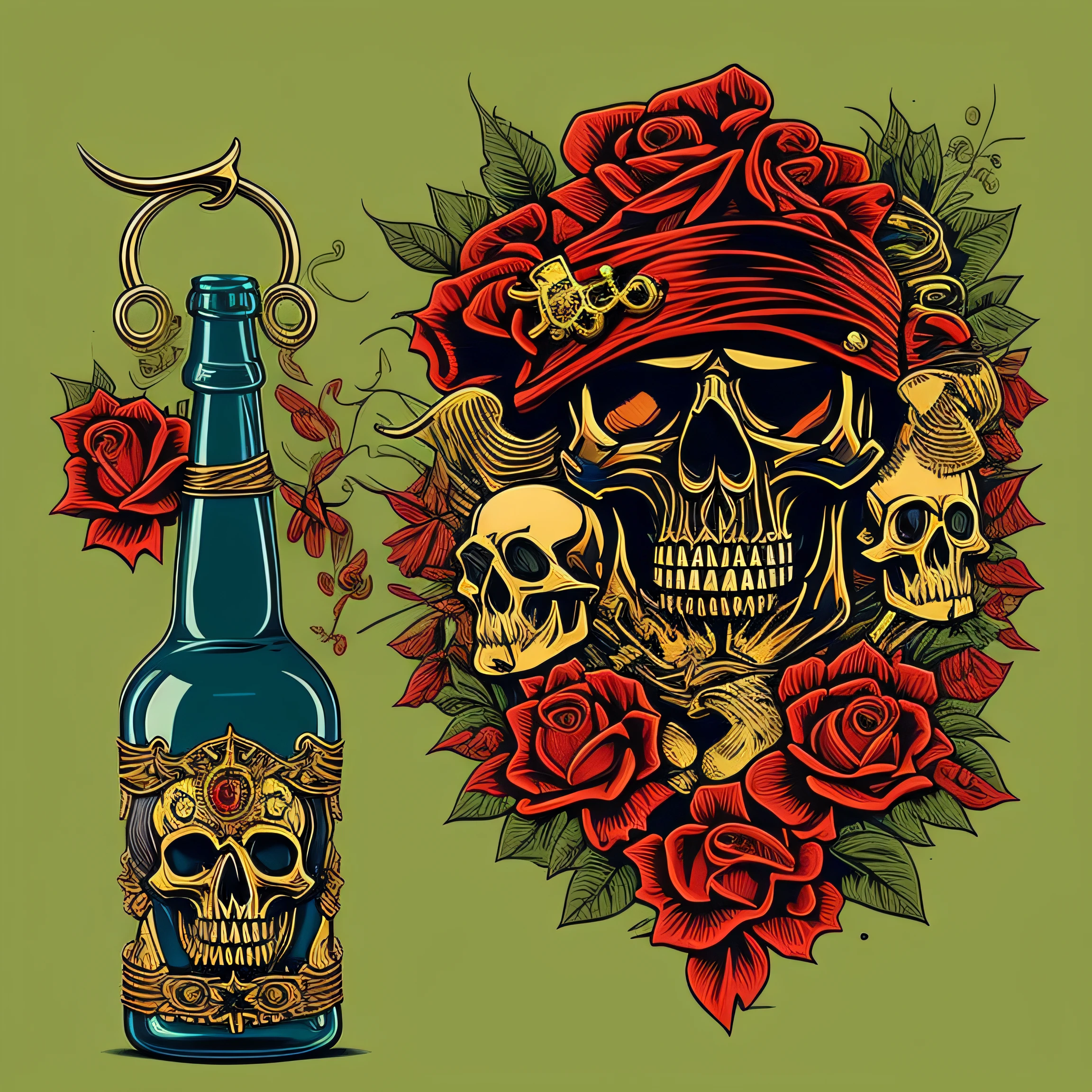 "Edgy and vibrant Ed Hardy style t-shirt design featuring a meticulously detailed skull with a pirate tricorne hat, hook hand and a bottle of rum. The design incorporates bold tribal tattoo details with vibrant colors and bold outlines."