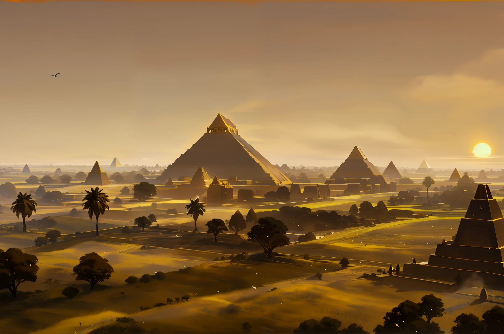 the three golden acient pyramids of giza surrounded by many brown Burmese bagan pagodas and villages full of green forests and some animals such as cows and goats, in Bagan city, fog, smoke, spring, clran blue sky with a little clouds, warm wealther in sunset time, birds are flying in the sky. beautiful scence, potrait, lanscape, highly detailed, photography, 8k,