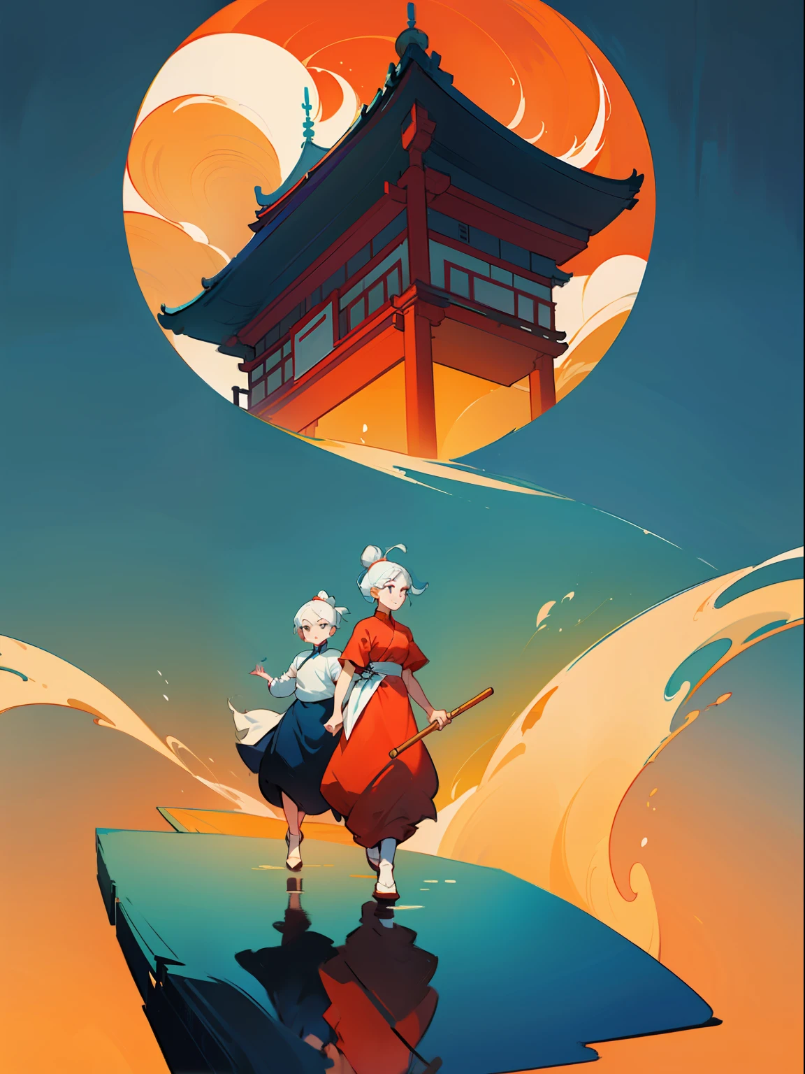 Minimalist illustrations of Chinese ladies, classical, Chinese Zen, minimalism, Chinese animation, Tang dynasty, Noma Bar and Post minimalism, landscape painting, red and classical blue gradient, a night scene with three people walk through a Chinese porch, water reflection ,moon, zen-like tranquility