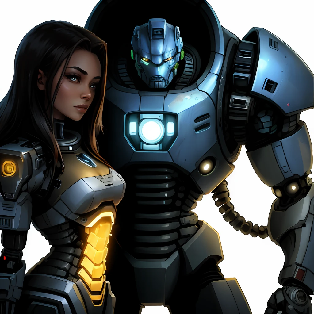 A cyberbot stands behind a beautiful woman