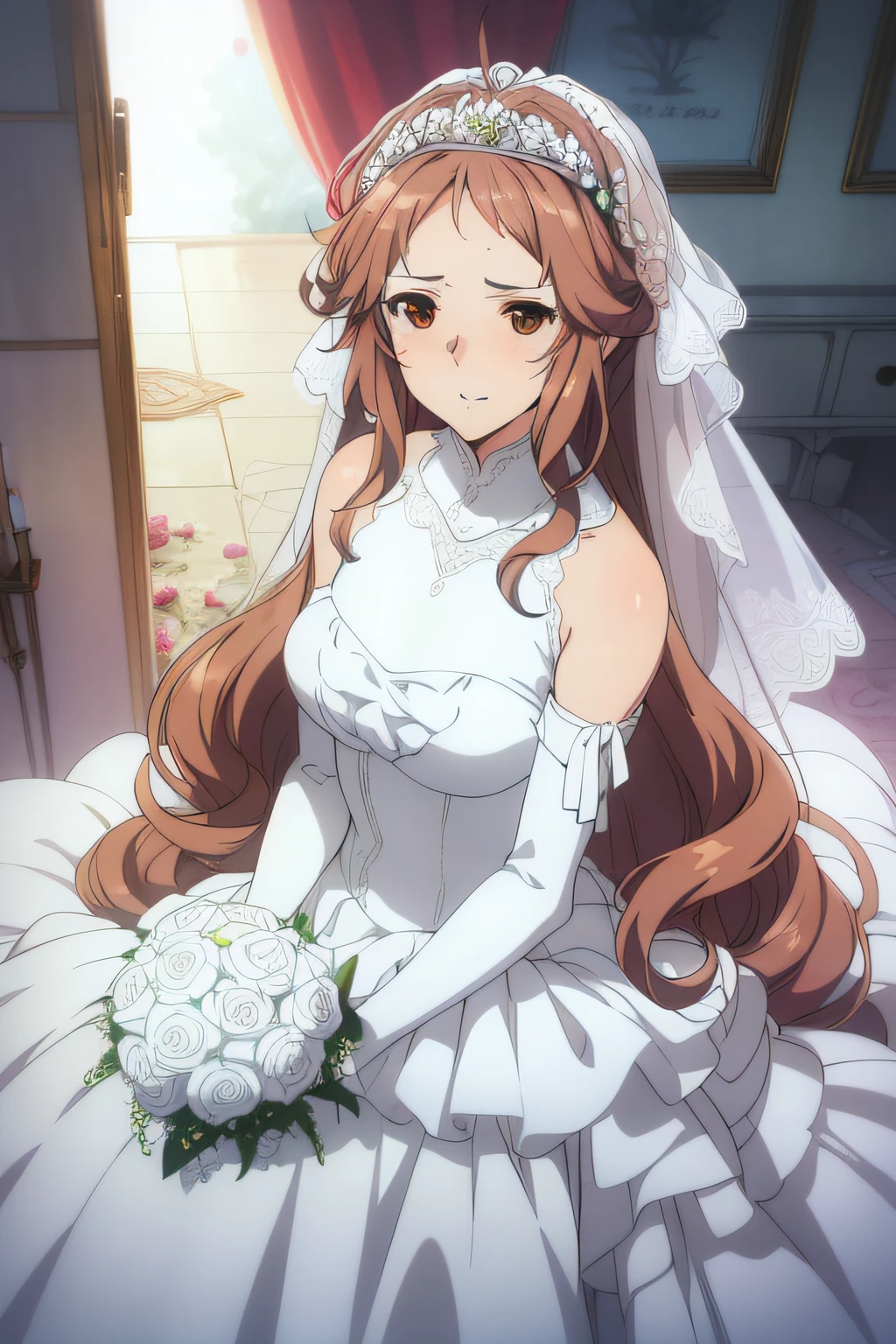 (((Best quality))), ((Ultra-detailed)), ((illustration)), ((Disheveled hair)), ((frilld)), (1 girl), (Solo),(Wedding_dress:1.2),The body faces the viewer,full bodyesbian,