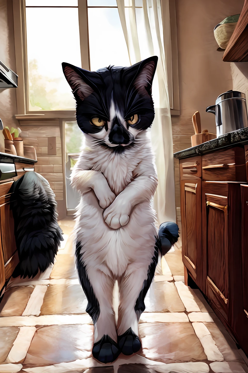 Leo, black and white cat, wearing only a yellow apron, standing upright, looking annoyed, cute paws for hands, in a kitchen, high quality, high resolution
