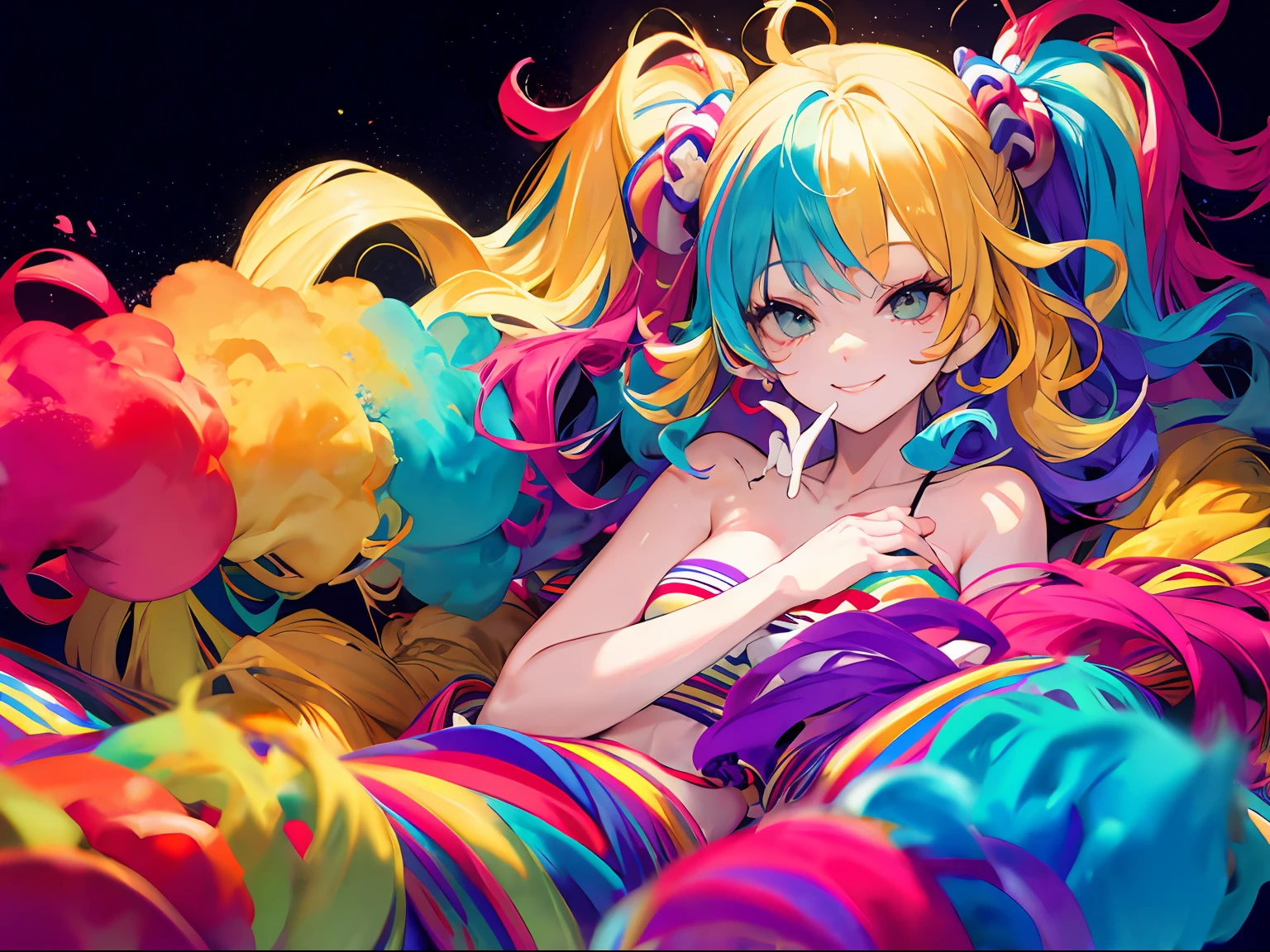 lying,clown,smile,(wavy multicolor hair:1.2),(smokeanywhere:1.4)