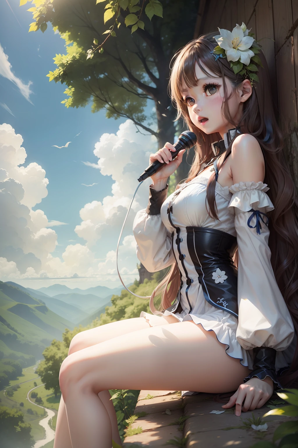 with blue sky and white clouds，ln the forest，There is one girl，Sing