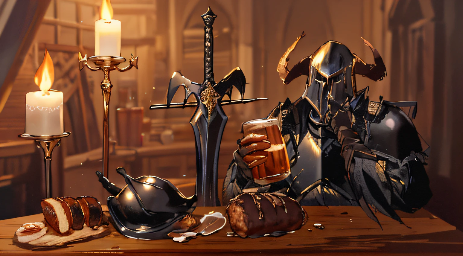 In a late-night tavern, a dark guard holds a wooden wine glass in one hand，Take off your helmet with one hand，Wears black armor，Roast chicken is placed on the wooden wine table，breads，Meat sausage，There was a black giant sword stuck in his side，wood tavern，Wooden hall，waxy candles，dnd concept art,