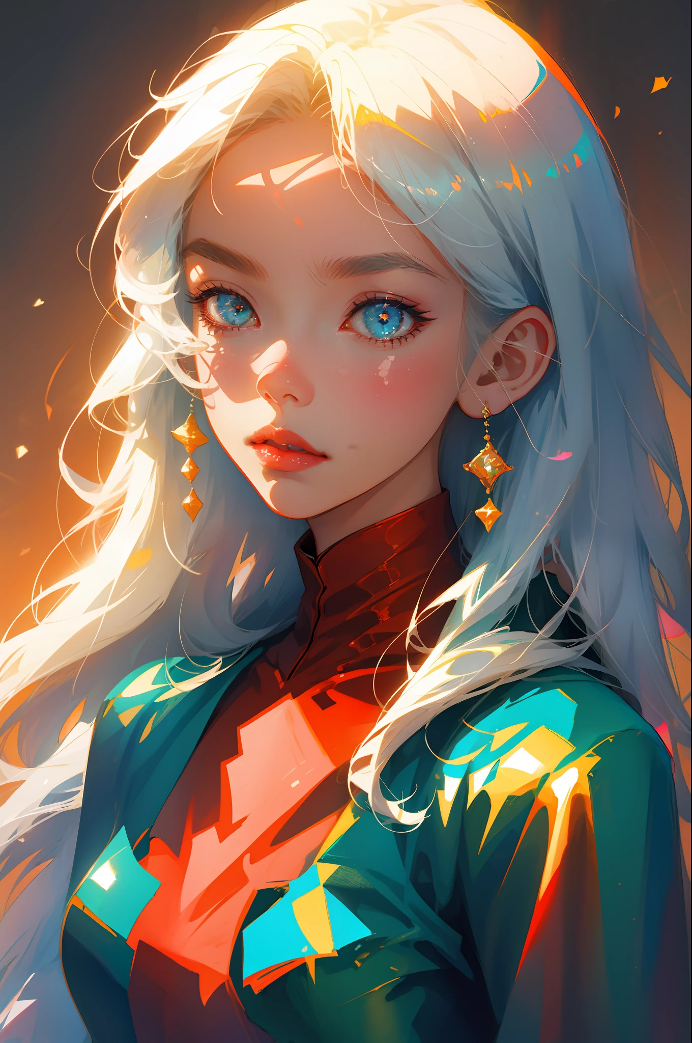 Perfect masterpiece, highest image quality, perfect art style, 8K, upper body lens, front portrait, delicate face, close-up, gaze at the whole scene, mermaid girl, magic transparent eyes, white hair, red background, digital art, flat illustration, color illustration, simple style, anime cartoon style
