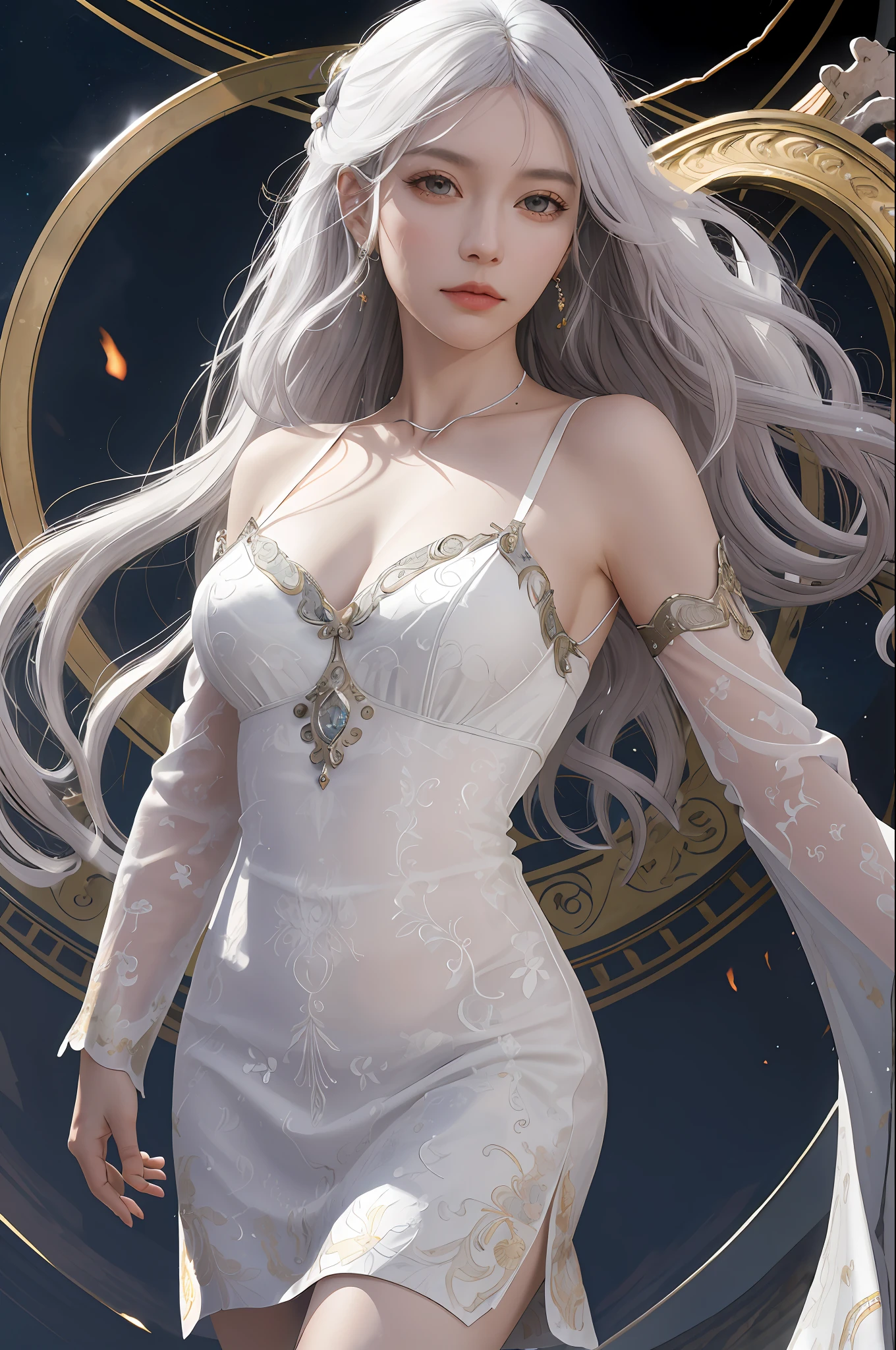 (absurdres, highres, ultra detailed), 1woman, mature female, aged up, wavy long hair, white hair, black eyes, bangs, long sleeves, finely detailed eyes and detailed face, extremely detailed CG unity 8k wallpaper, intricate details, looking down, solo, half shot, detailed face, stoic expression, dynamic pose, flowing hair, classical era, (ancient roman theme:1.1), roman mythology, Roman empire, Capua, ancient vineyard, oracle, cape, iron accessories, ancient theme, (flourishing civilization:1.1), pristine white marble, (intact:1.1) marble buildings, hills in background, brazier, burning embers, night, darkness, stars, aura of light, majestic atmosphere, floating stone particles,, portrait, wind swirling