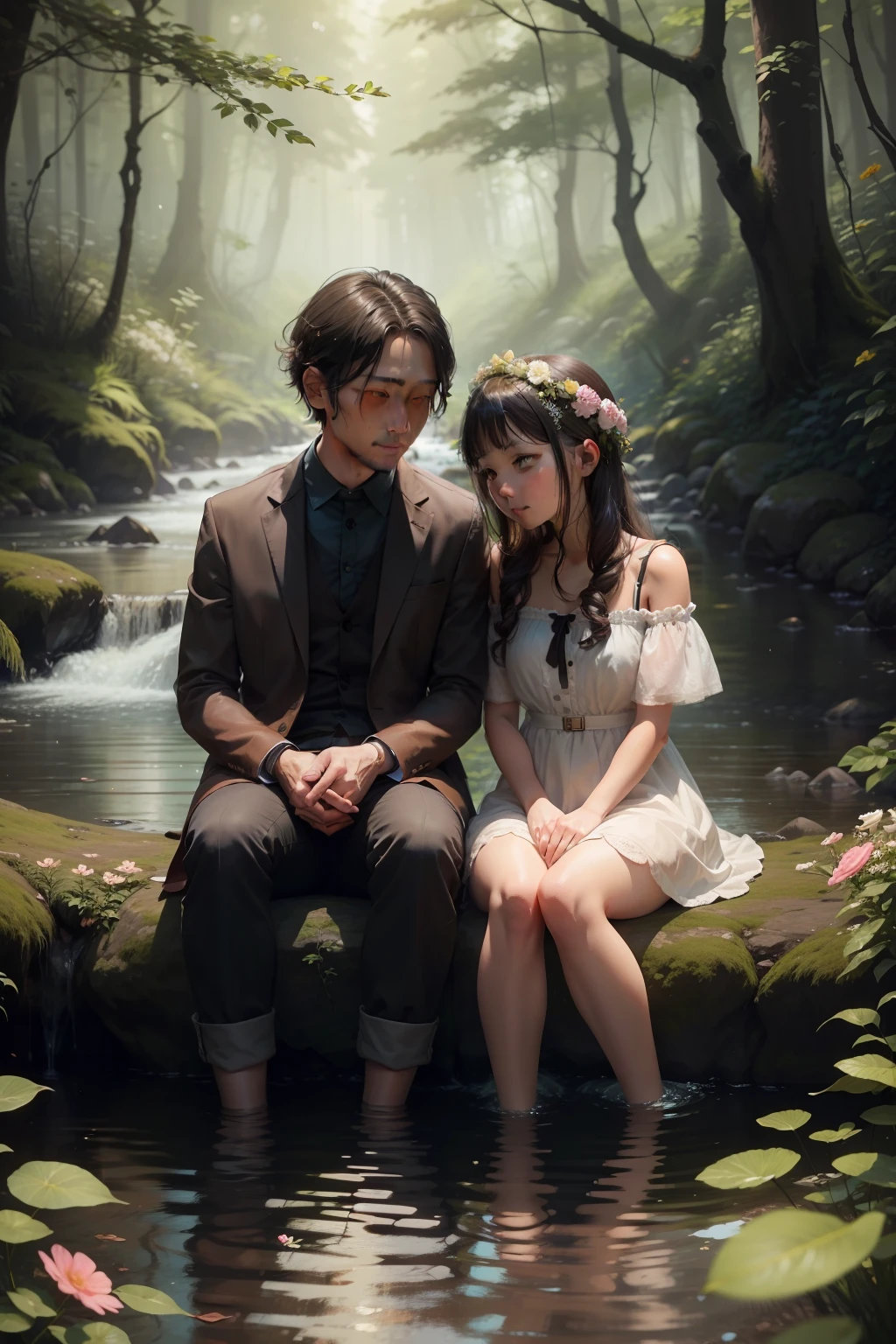 A couple,ln the forest,small stream,Flowers,𝓡𝓸𝓶𝓪𝓷𝓽𝓲𝓬,puss