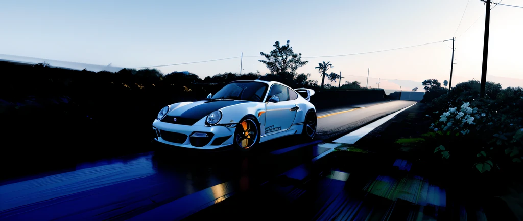 There was a white car driving on the blue sky road, porsche rsr, Porsche GT 3 in Hawaii City, hyper photorealistic raytracing, hyper photorealistic raytracing, HQ 4K wallpaper, octane ray tracing, porsche 9 1 1, porsche 911, stunning visuals with rtx on, realistic cars, cinematic front lightning, high quality screenshot