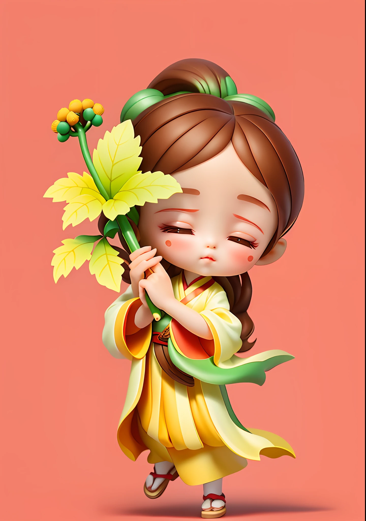 a little lovely kid girl,Brown hair long,Wearing Hanfu,Take ginseng