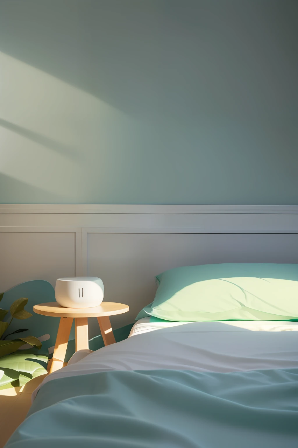 White speaker on wooden table，Wooden table next to white bedding on light blue wall，Light green and gray，Realistic depiction of light and shadow，rays of sunshine，Fondo mate，Harmonious color scheme，high-definition photograph