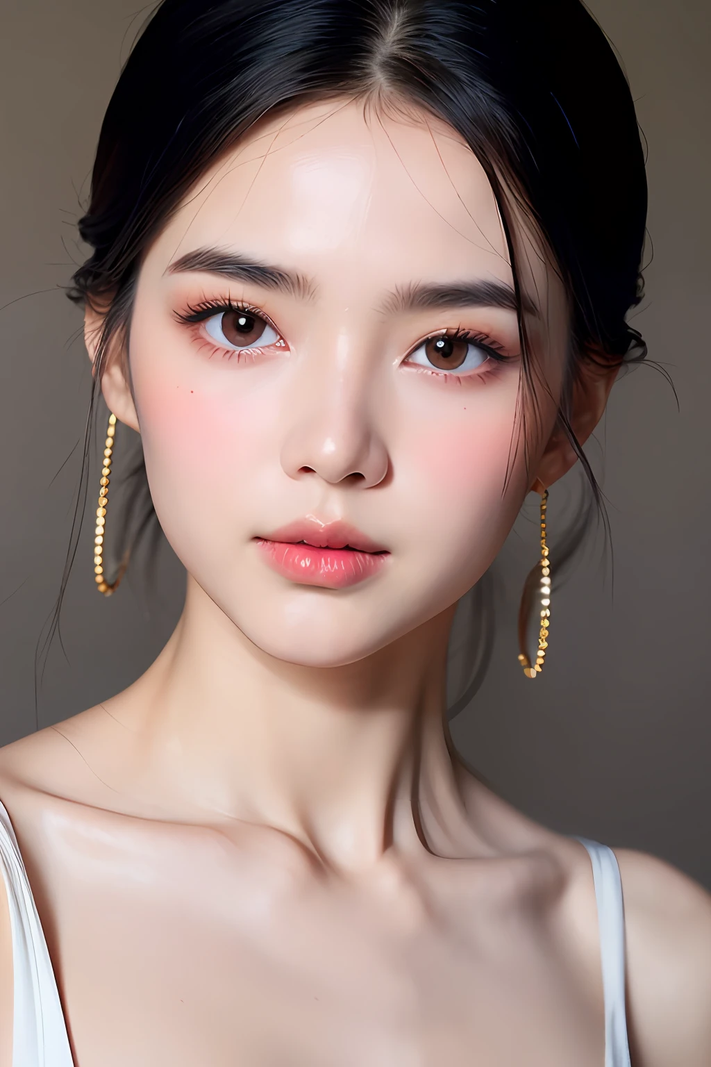 (Embarrassing: 1.6), (Blush: 1.0), (Kazumi Mishima: 1.3), (Masterpiece: 1.2), (Photorealistic: 1.4), (Orzang-6500: 1.0), 4K, Ultra, (1 girl: 1.2), Solo, (Fine eyes, Fine Face: 1.5), (Red Eye Makeup: 1.0), (Ultra-thin and Beautiful: 1.1), Colorful, (gloss_skin: 0.8), fair skin, glow eyes, blush, shiny lips, full body, thin waist, standing, brown eyes, black hair