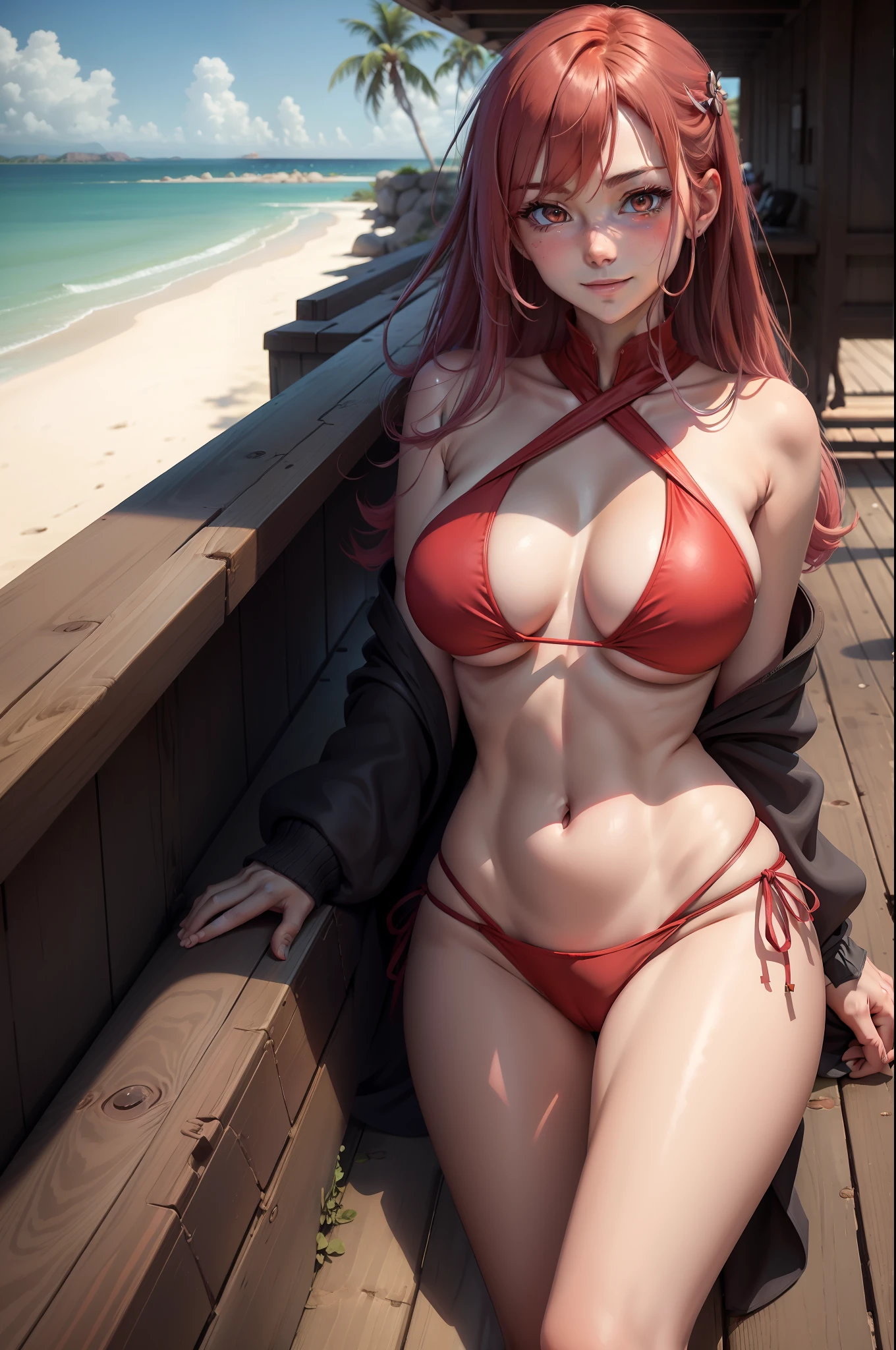 Detailed eyes,mascara,Best quality at best,self-assured,tmasterpiece,1girll,Crimson hair,Simple crimson swimsuit,cyber punk perssonage,Delicate waist,详细的脸,beautidful eyes,Light smile,sea beach,with dynamism,Clear focus,vacant eyes,Hypnotic Lola,super gigantic boobs,Tight chest,ripped apart,The large,Super big,nakeness,Limsa,freshen,red colour,Raised sexy,Elastic breasts,Large areas of bare skin,A swimsuit that almost collapsed,Raised sexy,Briefs,Pair a small swimsuit with a large swimsuit