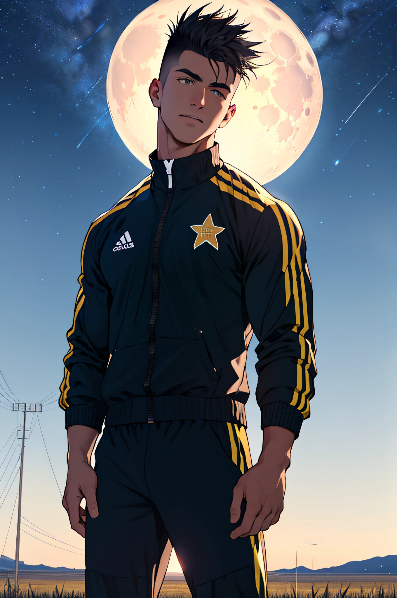 Draw a full-fledged footballer,Standing on the steppe at night,He was wearing a tracksuit,The man looks confident and determined,looking-down,Crew cut,full bodyesbian,Stars dot the sky,shooting from below,Big moon highlights background