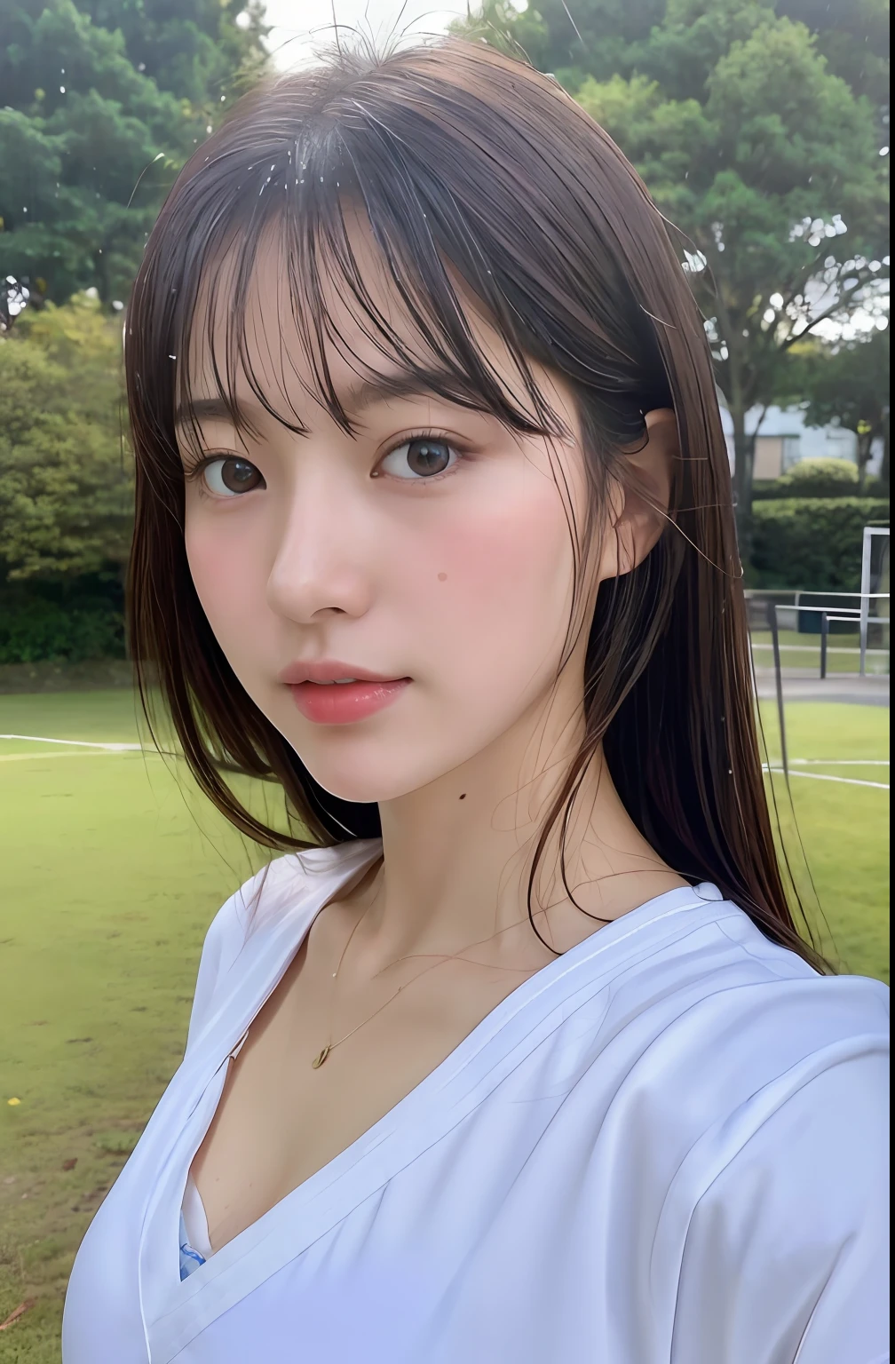 Close up portrait of a woman walking in a park in school gym clothes、Japan Person Model、Young Sensual Gravure Idol、Young cute gravure idol、Realistic Young Gravure Idol、Realistic sensual gravure idol、Young gravure idols、sophisticated gravure idol、奈良美智、Young skinny gravure idol、beautifull asian girl ever、oppai、I got wet in the rain、The whole body is soaking wet、