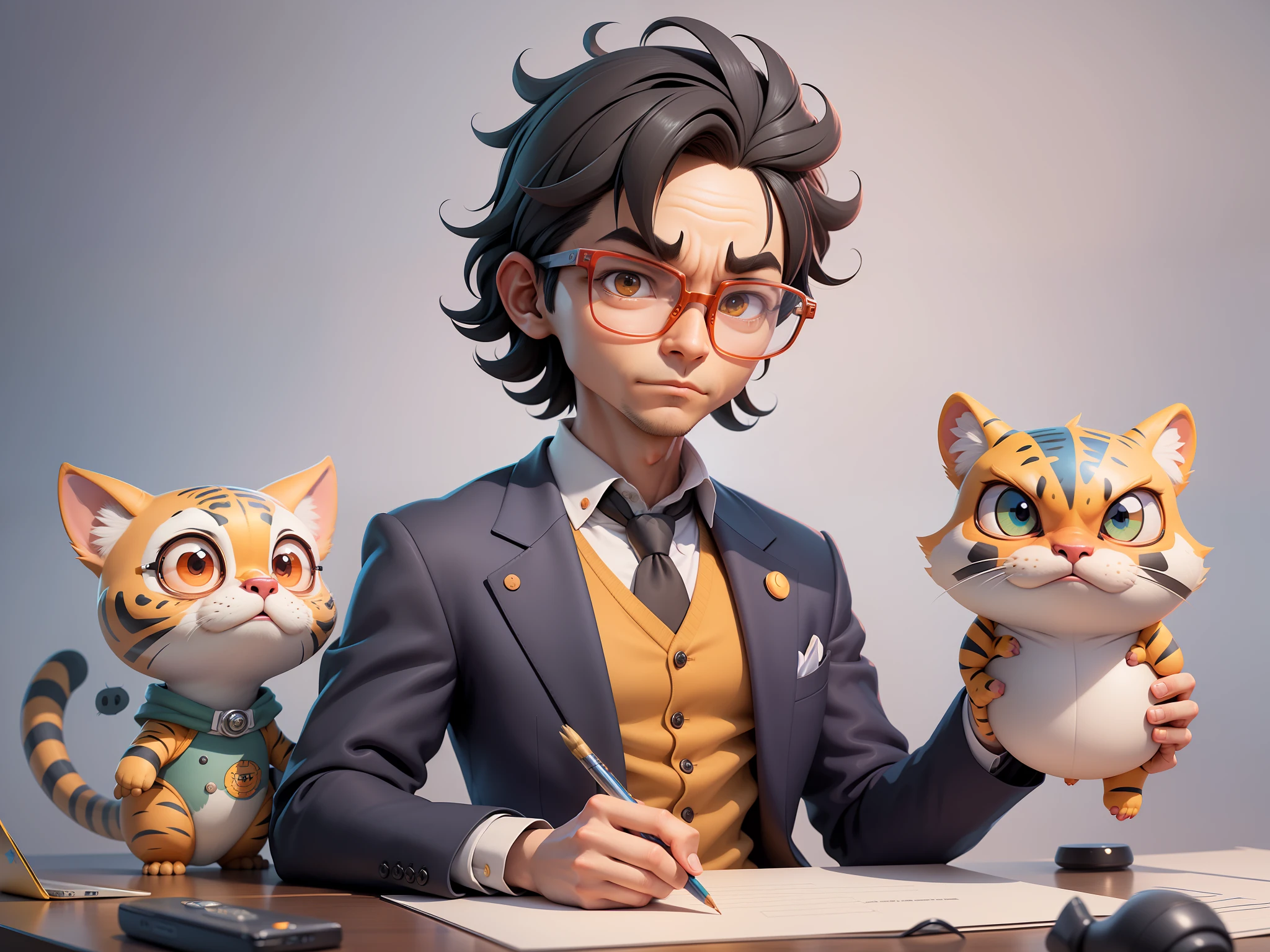 A young man in a suit, Short hair and glasses sat at his desk，holding laptop，digitial painting，tigre，3D character design by Mark Clairen and Pixar and Hayao Miyazaki and Akira Toriyama，4K HD illustration，Very detailed facial features and cartoon-style visuals。