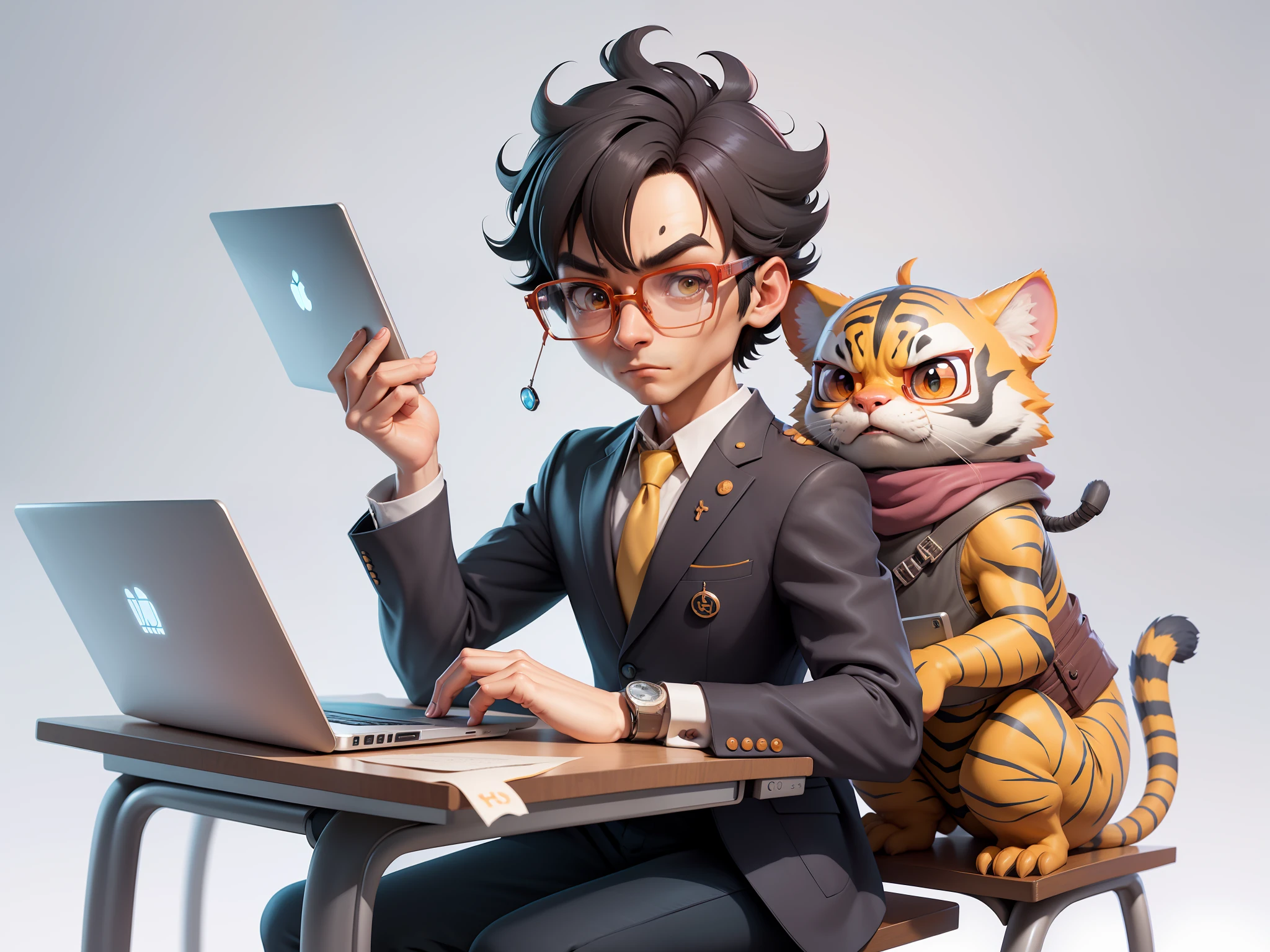 A young man in a suit, Short hair and glasses sat at his desk,holding laptop,digitial painting,tigre,3D character design by Mark Clairen and Pixar and Hayao Miyazaki and Akira Toriyama,4K HD illustration,Very detailed facial features and cartoon-style visuals。
