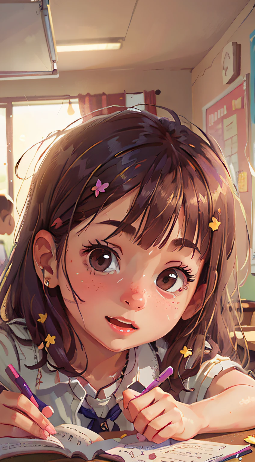 Girl, Classroom, Summer, Perfect quality, clear focus (clutter - home: 0.8), (masterpiece: 1.2) (Realistic: 1.2) (Bokeh) (Best quality) (Detailed skin: 1.3) (Intricate details) (8K) (Detail Eyes) (Sharp Focus), (Happy)