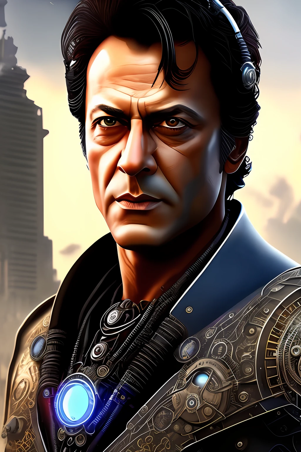 full imran khan body cyborg| full-length portrait| detailed face| symmetric| steampunk| cyberpunk| cyborg| intricate detailed| to scale| hyperrealistic| cinematic lighting| digital art| concept art| mdjrny-v4 style