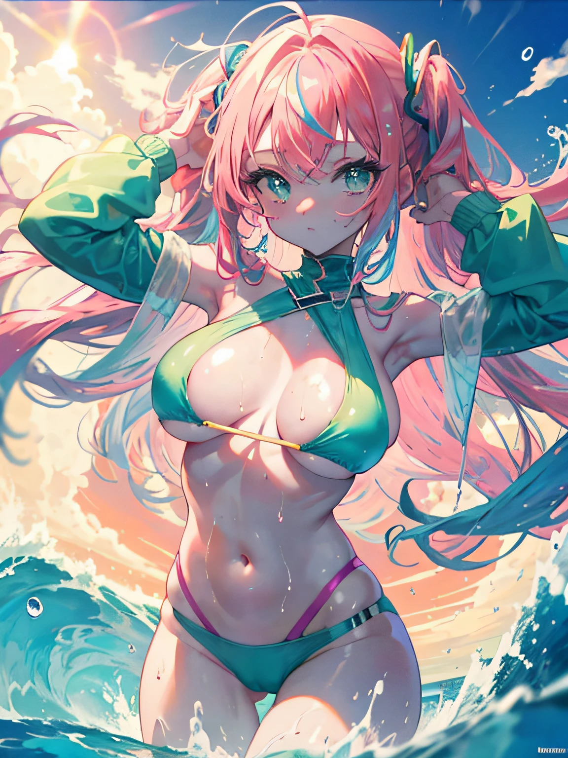 cute sexy anime girl, neon green tight transparent bikini, wet skin, big boobs, pink hair with a few blue bangs, cameltoe, navel, nipples, outside, vibrant sunset, beach, looking at viewer, masterpiece, waves, water drops.