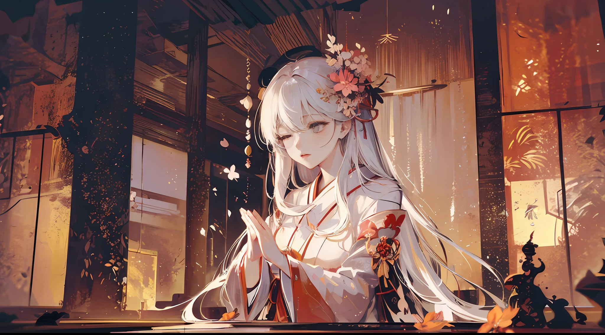 White-haired, Japanese shrine maiden, Shrine, DOA, Cherry blossoms, Graceful, serene, Flowing white robe, spiritual connection, Grace, reverence, sacred space, Incense, spiritual ambiance, cradling hands, Eyes closed, deep concentration, devotion, faith, Delicate, Drifting, breeze, Pink petals, Poetic, transient, transient, Beauty, Presence, Tranquility, spiritual connection, earthly realm, Divine, conduit, Humanity, divino, Enchanting, harmonious, Profound, reverence.