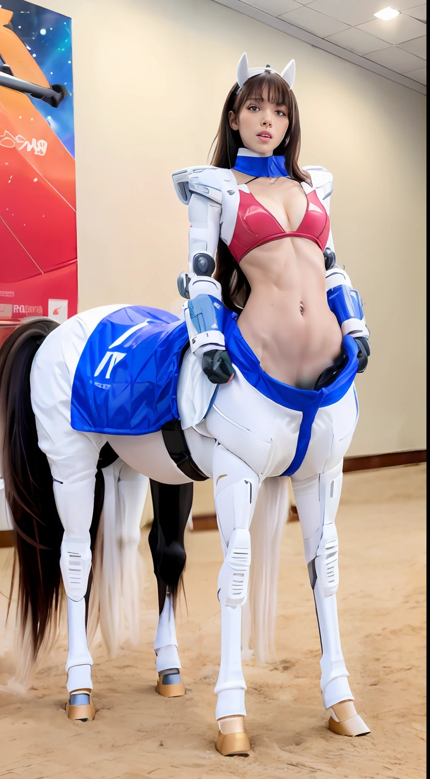 A female centaur,She is famous in the multiverse,She is both a female centaur, half human, half horse, half horse,It is also a female Yingzhao。She blends both images,The first is the head of a horse/neck/Shoulder these parts,After feminization,The upper body transforms into a beautiful female human,Female, half-centaur, half-human, half-horse, half-human,The second is the waist of the horse/hason/gluteal/Legs feminine,Female half-horse with beautiful woman's,Chimer,It's like a female human wearing a half-horse-like costume and making a seamless chimera,This chimerization is based on powerful futuristic technology。The ultra-wide-angle lens captures the image of her beautiful and ethereal wings on the ionosphere launching a super-high-speed charge and leaping。Her front half is distinctly feminine,Tall sexy body,Has K cup teardrop-shaped giant tit chest,It has a small man's waist butterfly spanning long legs,The half-horse part of the hind body,Embedded interface at the hip position。Her horse-shaped part has female physiology and ergonomics on both the half-horse torso and hips and legs。The chest cavity of a woman in the shape of a bent dog style embedded in the lower back position of the beautiful woman's body starting from the upper part of the sternum/lower back/Ventral transverse。Then there are the sexy beauty's upright hips,Her entire body has been completely feminized,Including the half-horse part。Mechanized armor covers the legs with knee-shaped anti-joints and feet,And these parts are highly anthropomorphic,This makes her legs graceful and slender,Her four horse legs exploded in length proportions and was slender and toned,Under the legs are skinny white feet dressed in Skyscraper Heels,Use Midjourney's advanced stroke tools and color palettes, as well as texture packs, model packs, and texture tools,Concentration,Include all parts of her original horse physiology including fur/Waist and abdomen/Hip legs/Leg Capital Feminization,And give these parts a correspon