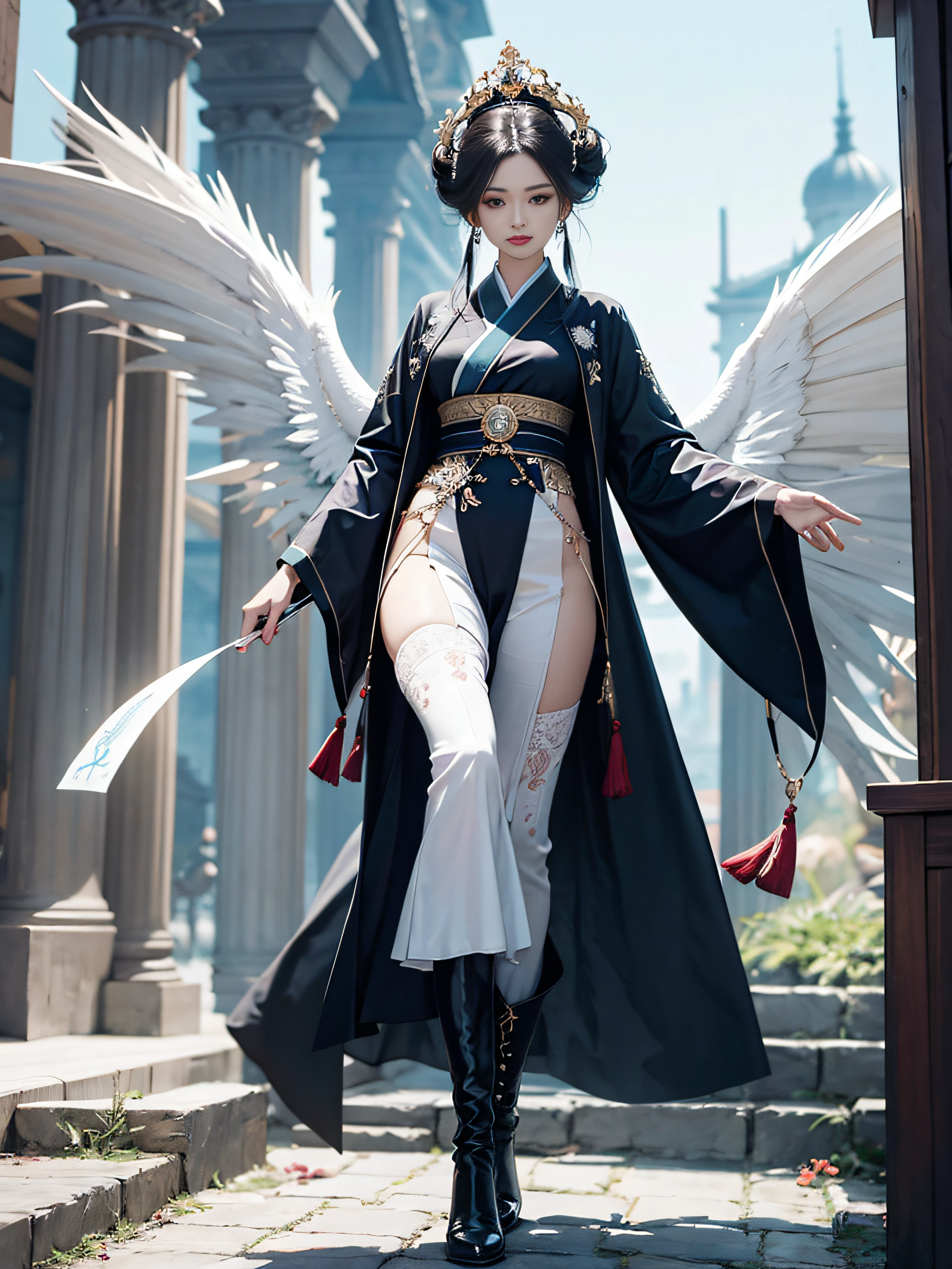 Royal sister,Big sister type,Oriental women,gallant woman,Cold sass,,tmasterpiece,A high resolution,,Absolutely beautiful,,are standing,Queen temperament,exquisitedetails,A high resolution,Wallpapers,1female,独奏,,enchanted、Raised sexy, Rich expressions, trinkets,Fluttering, Hanfu,,long trousers,Long boots,Reveal the appearance of long boots,Show stockings,over knee socks,embroidery, natural poses,standing on your feet, Fanning,16K,HDR,A high resolution,depth of fields,Bocoon,prime time,Vignette,rainbowing,(Wide buttock:1.4),(Thick legs:1.4)
