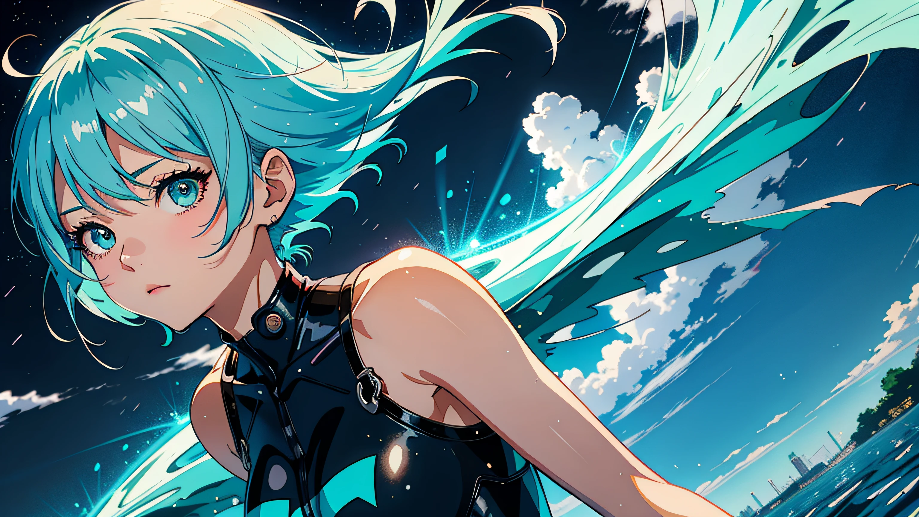 anime girl with blue hair and blue eyes in the rain, an anime drawing inspired by Yuumei, pixiv contest winner, Digital art, Anime girl with teal hair, Hatsune Miku short hair, Anime style portrait, sad cerulean eyes, nightcore, fubuki, Anime moe art style, mikudayo, portrait anime girl,girl portrait, anime styled digital art, Digital anime art,Wear a skinny all-inclusive gel suit,shackle,