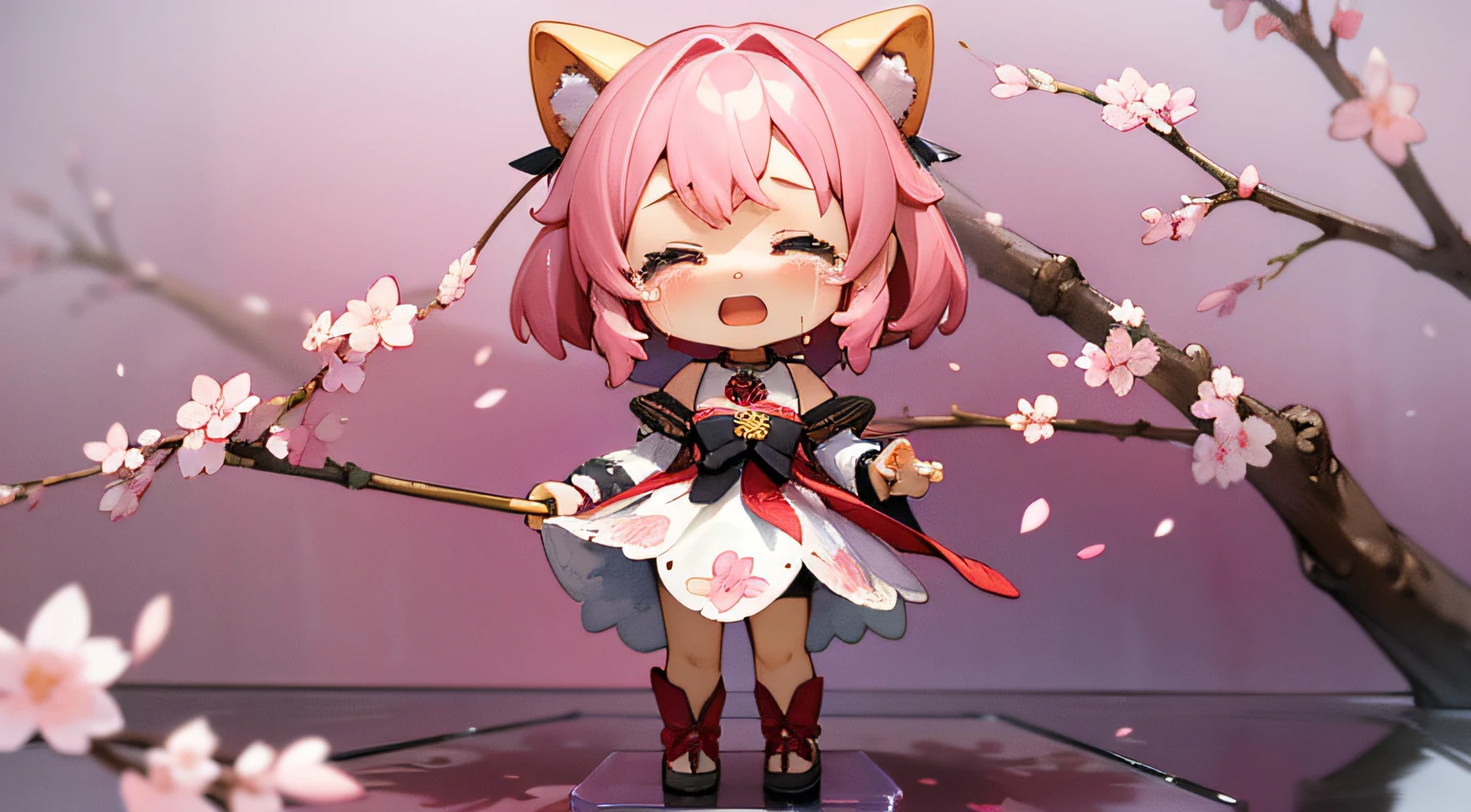 Doll standing in front of the painting、bionde、Crying face、Wiping tears、Close your right eye、Sengai、pixiv、rokoko、dollfie dream、watercolor Nendoroid、(High Definition Figure)、flowing sakura-colored silk、nendroid、,Cherry blossom petals、Flowing cherry blossom silk、season!!: 🌸 ☀ 🍂 ❄