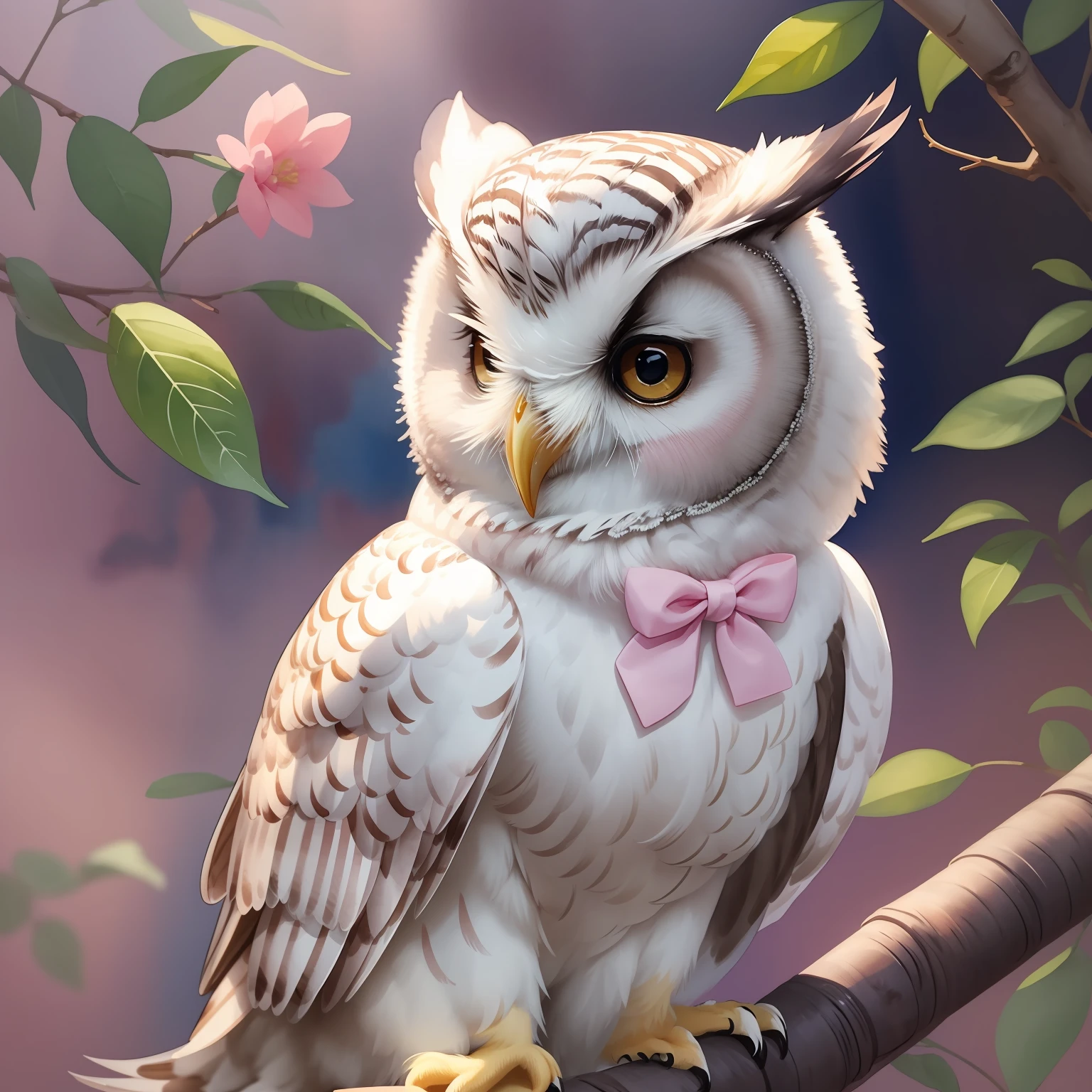 There is a watercolor painting of a baby white owl cub, he's sitting, wearing a pink bow around the neck, orelhas cor-de-rosa, cute illustration, Kawai, vetor, circunstanciado, beautiful illustration