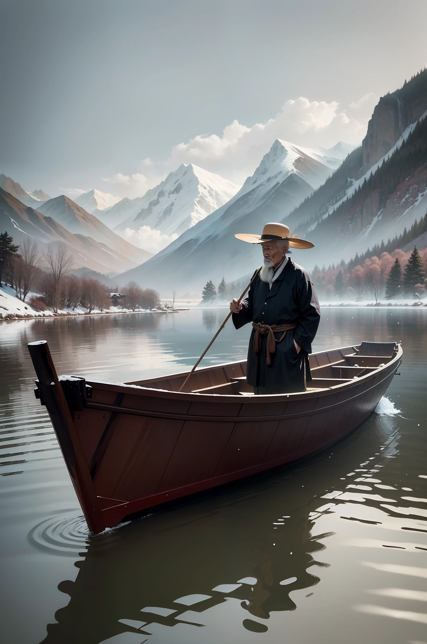 Masterpiece, Faraway view,Oyuki,(It was snowing heavily),A small boat walks on water,The boat splashed,rippling,An old man stands on the boat,The old man held a long bamboo pole in both hands,old man with a straw hat,,In the distance are mountains with no end in sight,It's snowing,Ink painting style