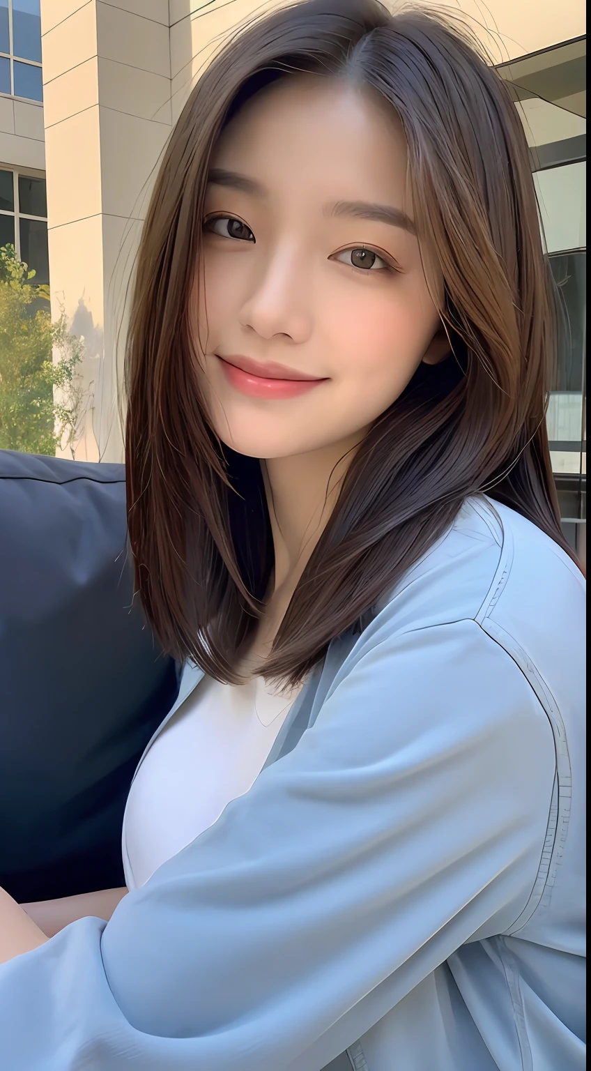 ((Best Quality, 8k, Masterpiece: 1.3)), Focus: 1.2, Perfect Body Beauty: 1.4, Buttocks: 1.2, ((Layered Haircut, Breasts: 1.2)), (Rain, Street: 1.3), Highly detailed face and skin texture, Fine eyes, Double eyelids, Whitened skin, Long hair, (Shut up: 1.3), smile, on the sofa