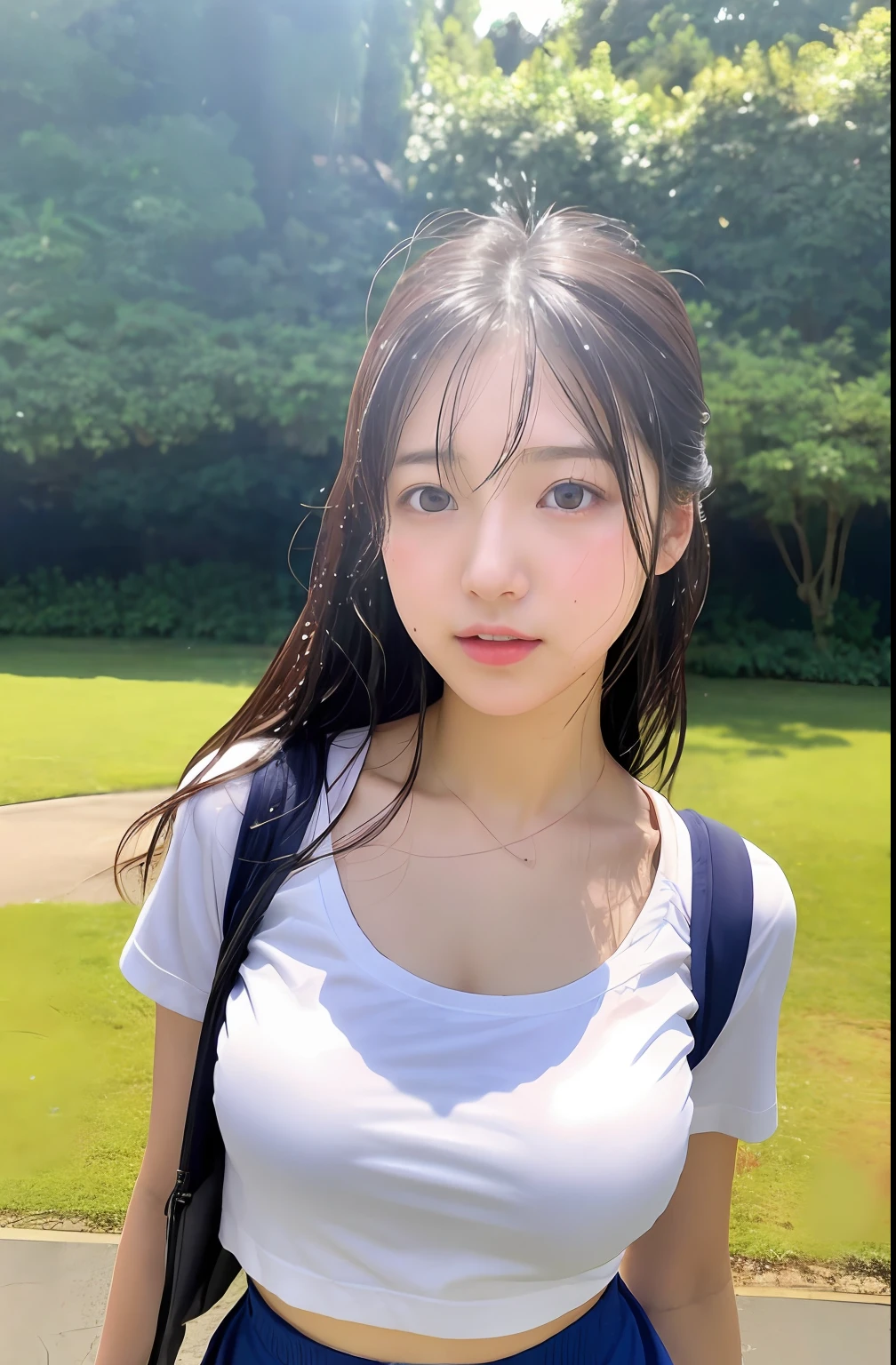 Close up portrait of a woman walking in a park in school gym clothes、Japan Person Model、Young Sensual Gravure Idol、Young cute gravure idol、Realistic Young Gravure Idol、Realistic sensual gravure idol、Young gravure idols、sophisticated gravure idol、奈良美智、Young skinny gravure idol、beautifull asian girl ever、oppai、I got wet in the rain、The whole body is soaking wet、