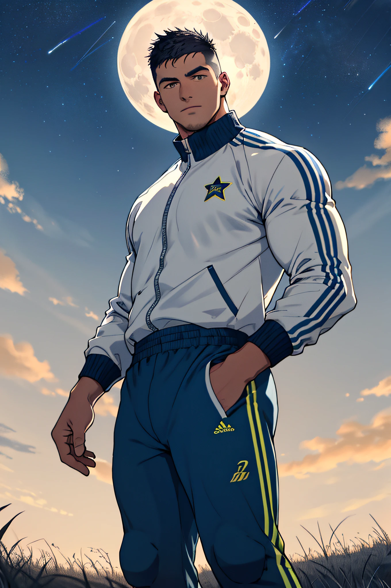 Draw a full-fledged footballer，Standing on the steppe at night，He was wearing a tracksuit，The man looks confident and determined，looking-down，Crew cut，full bodyesbian，Stars dot the sky，shooting from below，Big moon highlights background