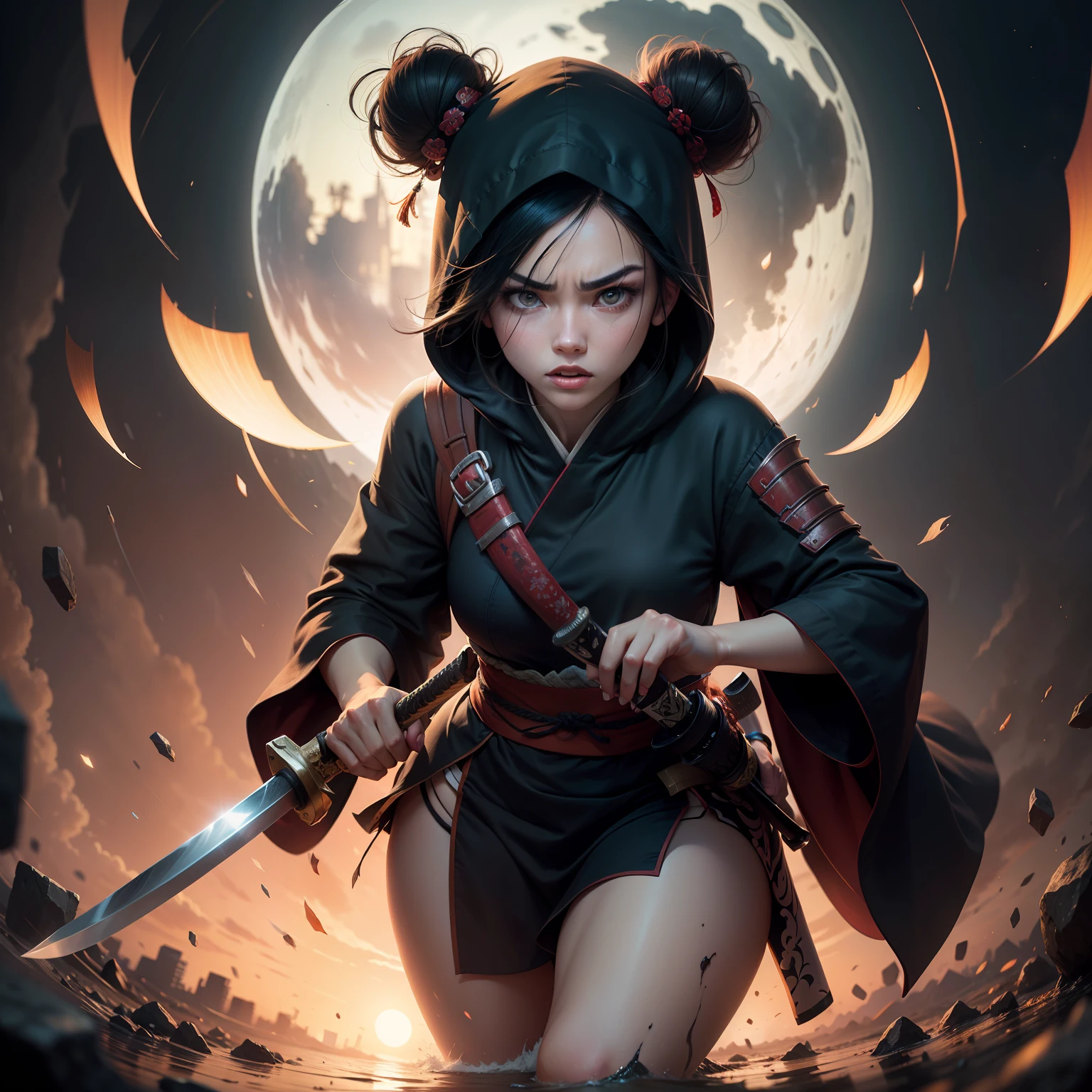 black hair, battle worn, samurai, pretty, delicate face, beautiful hot girl, anger, holding katana, amid fight, under the moonlight, double bun, floating hair, hood down, dilated pupils, glaring, eyebrows behind hair, ringed eyes, v-shaped eyebrows, holding breath, endured face, frustrated, Surrealism, ray tracing, reflection light, motion lines, blurry foreground, night time, perspective, panorama, Canon, Fujifilm, 8k, super detail, best quality, UHD